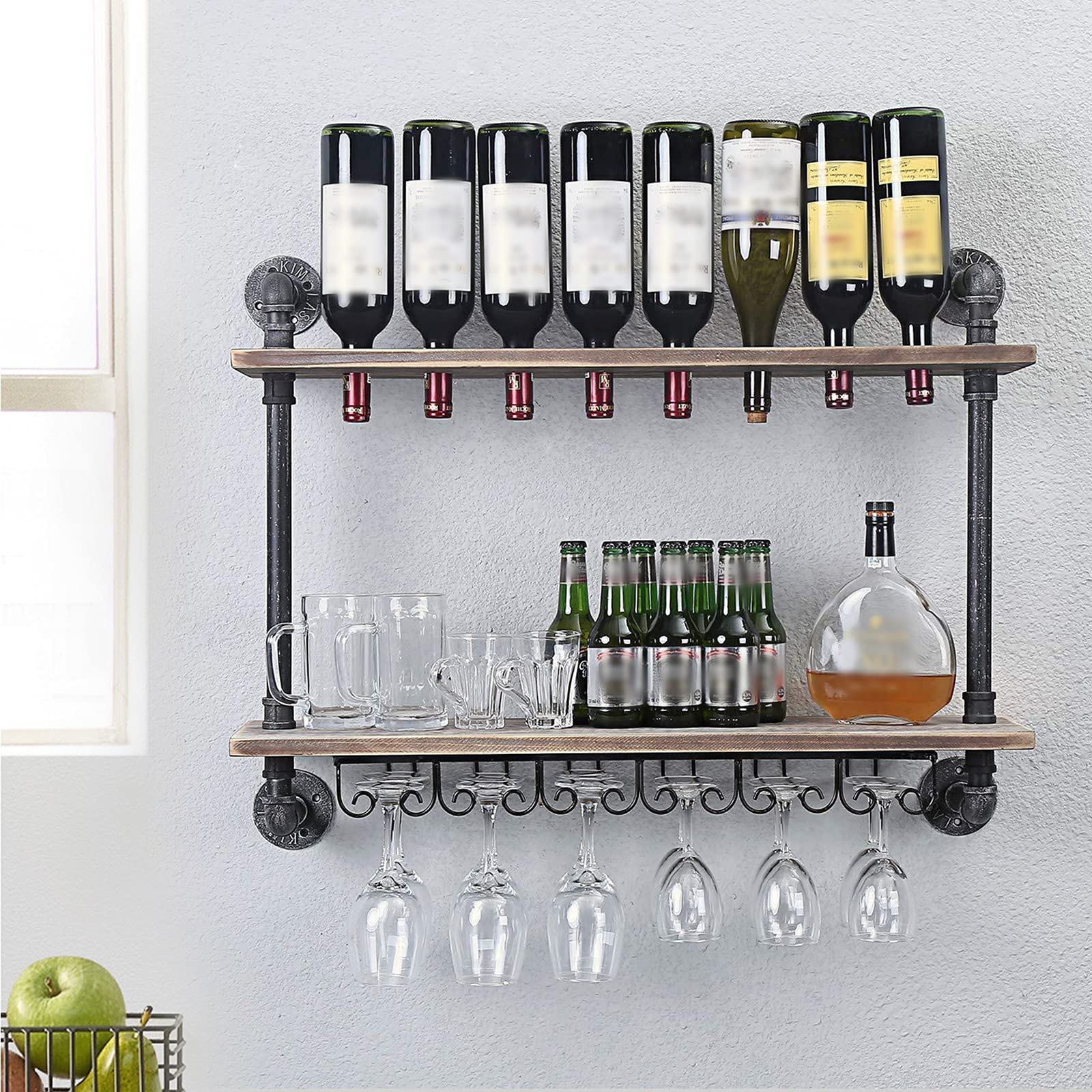 Industrial Pipe Wine Rack Wall Mounted - 2-Tier Rustic Wood Floating Shelf with 6 Stem Glass Holder | Kitchen Decor & Bar Display for Home, Restaurant, or Wine Cellar Organization