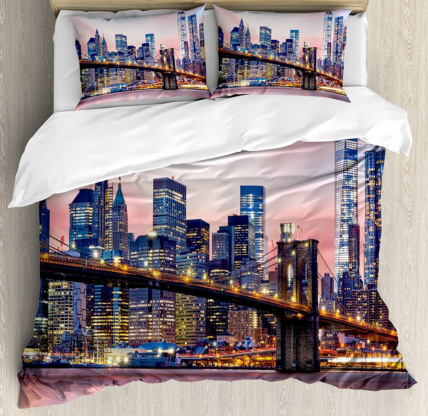 New York 3-Piece Bedding Set - Brooklyn Bridge & Manhattan Skyline Pink Sunrise Duvet Cover with Pillowcases for Kids, Teens & Adults (Twin Size) | Cozy Home Decor & Gift Idea for Urban Lifestyle Enthusiasts
