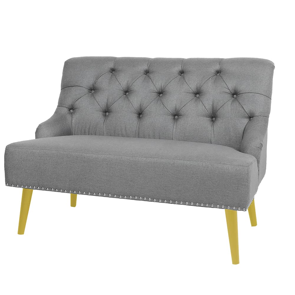 Mid-Century Modern 2-Seater Sofa with Rivets - Linen Fabric Lounge Chair for Living Room, Bedroom & Club - Grey | Stylish & Comfortable Small Sofa for Relaxing & Entertaining