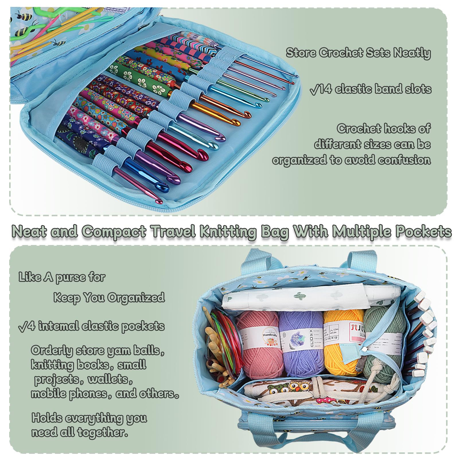 Coopay Portable Crochet Bag Organizer - Yarn Storage Case for Crochet Hooks, Knitting Needles & Supplies | Bees & Flowers Design | Perfect for Crafting, Travel & Home Organization