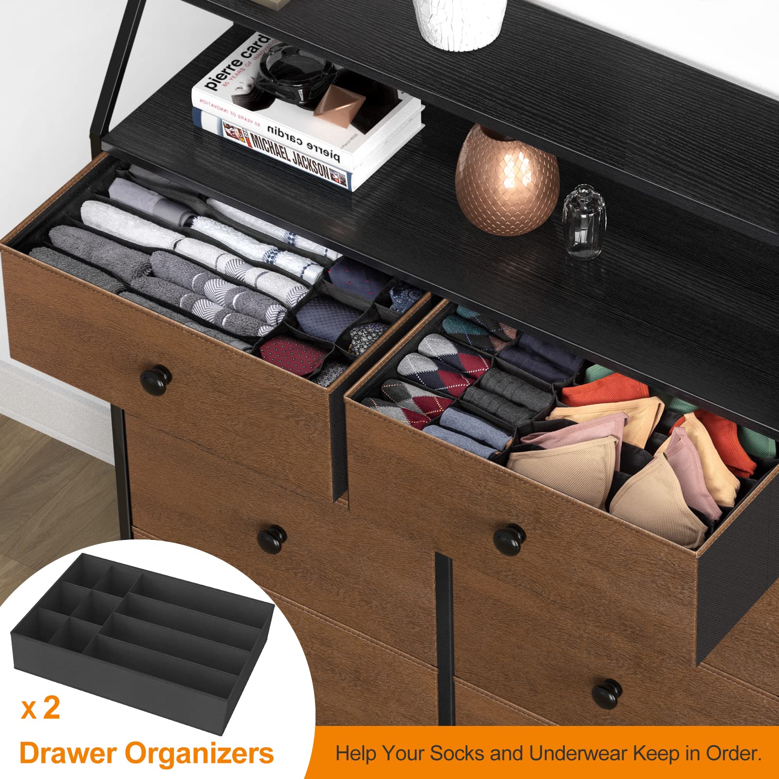 REAHOME 8-Drawer Steel Frame Wood Top Dresser - Espresso Storage Organizer for Bedroom, Closet & Entryway with 2 Bonus Drawer Dividers | Perfect for Home Organization, Small Space Storage & Apartment Living