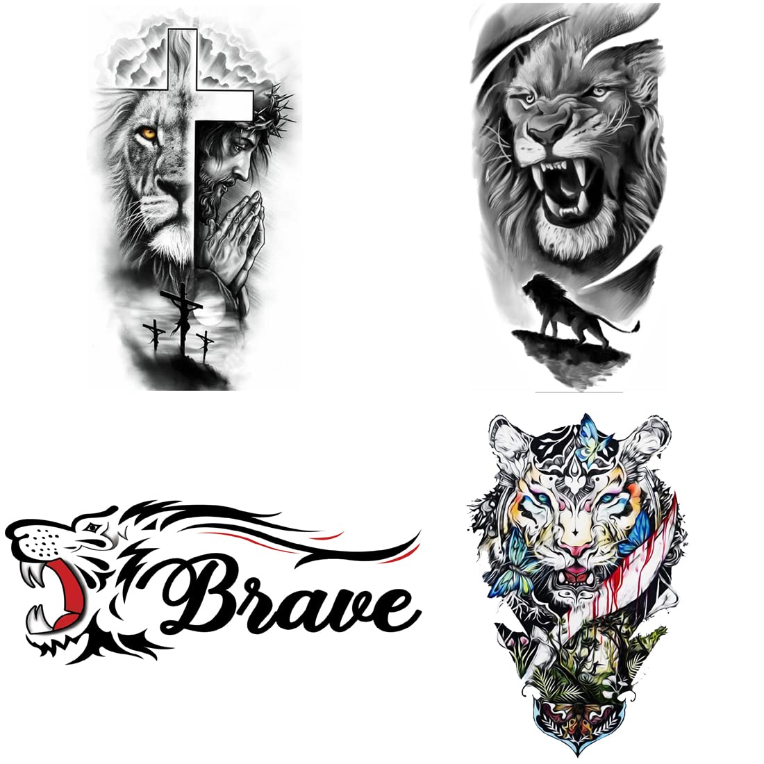Brave Lion & Tiger Tribal Temporary Tattoo Stickers - Pack of 4 Waterproof Fake Tattoos for Men & Women (2x4 Inch) - Perfect for Parties, Festivals & Costume Events
