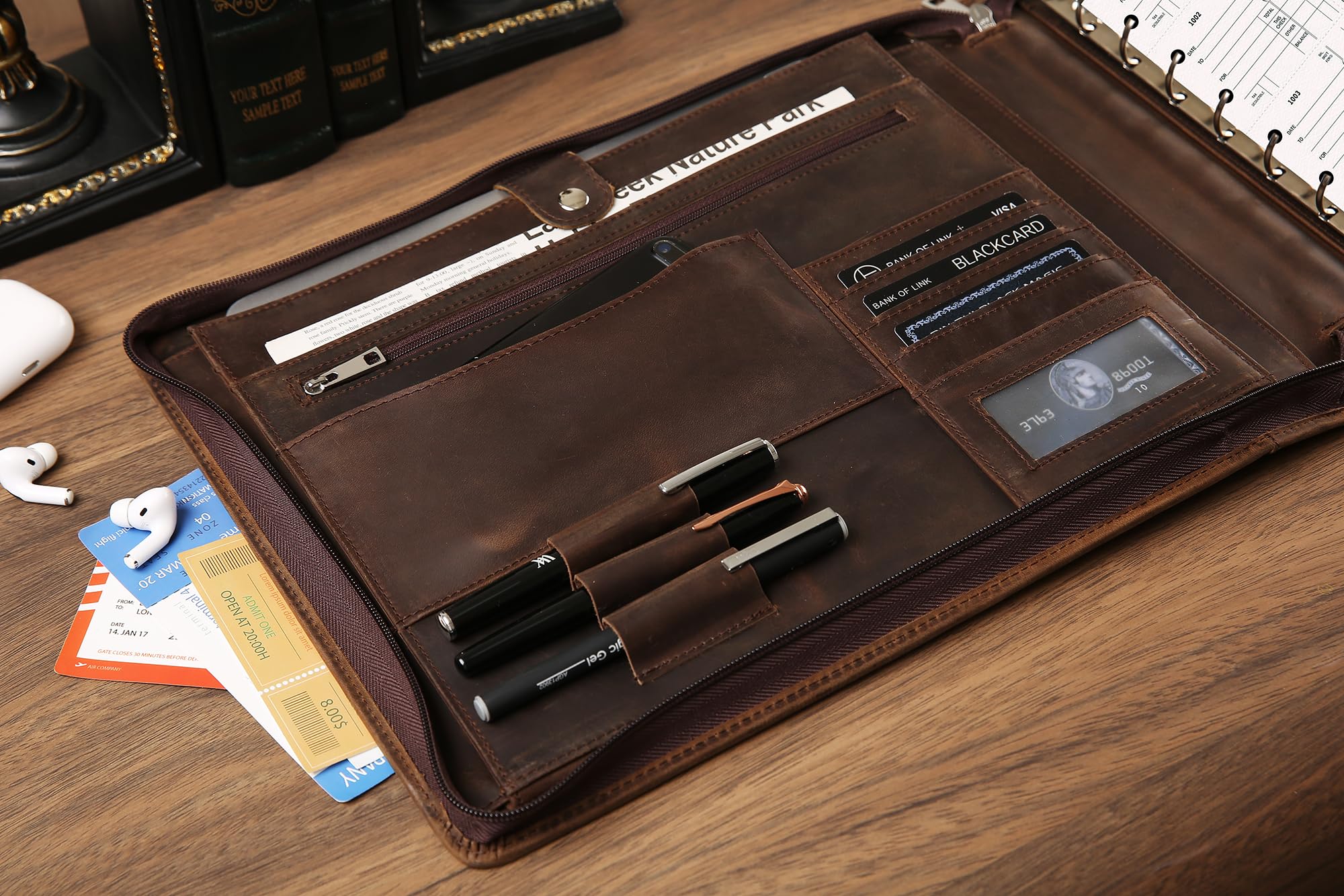Premium Leather Business Checkbook Binder - 7-Ring Zippered Organizer with Checkbook Holder for 3 Per Page Checks, 600 Checks Capacity for 9x13 Inch Sheets, Dark Khaki - Ideal for Office, Accounting & Financial Management