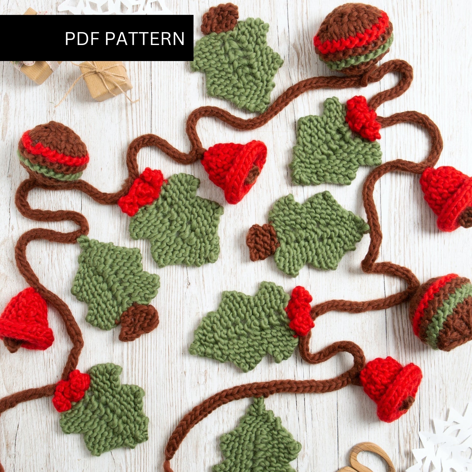 Christmas Knitting PDF Pattern - DIY Holiday Garland for Tree Decorations & Home Crafting