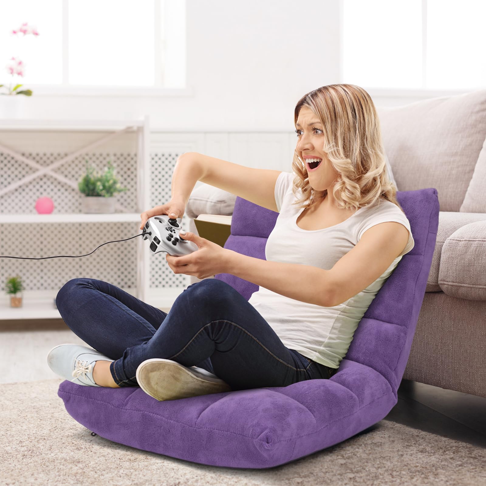 14-Position Adjustable Floor Sofa - Foldable Gaming Chair with Comfortable Cushions & Sturdy Steel Frame - Multi-Angle Recliner for Living Room, Bedroom, Dorm - Perfect for Gaming, Reading, Napping & Relaxing (Purple)