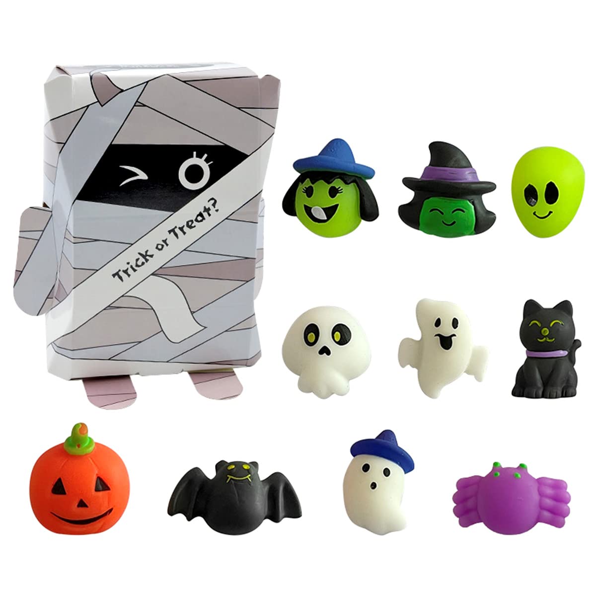 JetBravo 10 Pack Halloween Squishy Toys Set - Pumpkin, Ghost, Bat & Spider Stress Relief Mochi Squeeze Toys for Kids & Adults, Random Mummy Style - Perfect for Party Favors, Classroom Rewards & Sensory Play