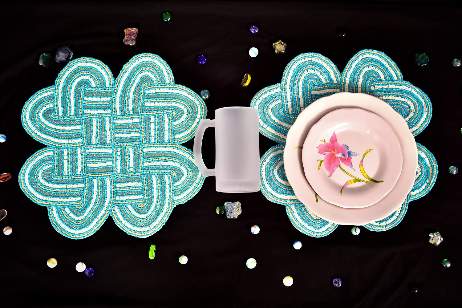 HM Creations Blue Floral Beaded Placemats Set of 6 - 13x13 Inch Luxury Table Mats & Designer Charger Plates for Spring Dining Decor | Perfect for Weddings, Parties & Holiday Tablescapes
