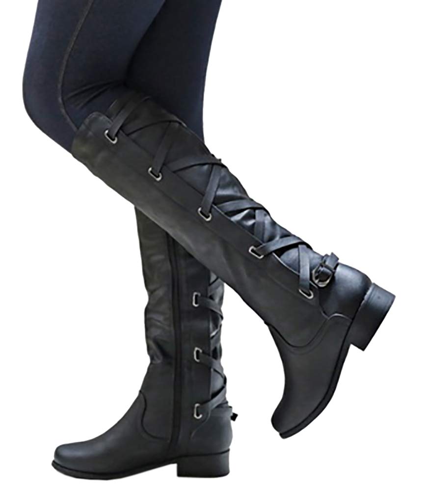 Coutgo Women's Knee High Lace Up Combat Boots - Motorcycle Riding Flat Heel Strappy Winter Boots for Women | Perfect for Riding, Outdoor Adventures & Winter Fashion