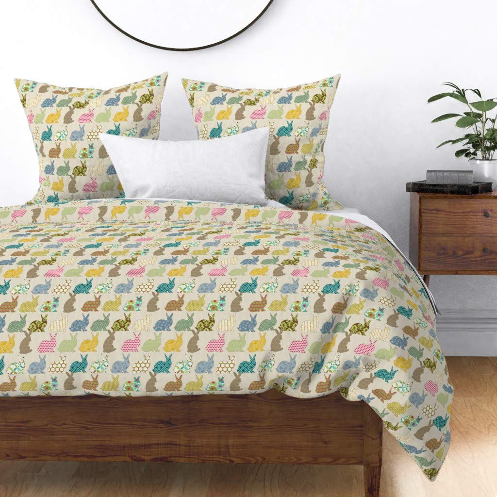 Whimsical Rabbit Bunny Easter Woodland Print Cotton Sateen Duvet Cover Twin - Year Colorful Novelty Patchwork Tan Animals Custom Bedding for Kids' Room & Spring Decor