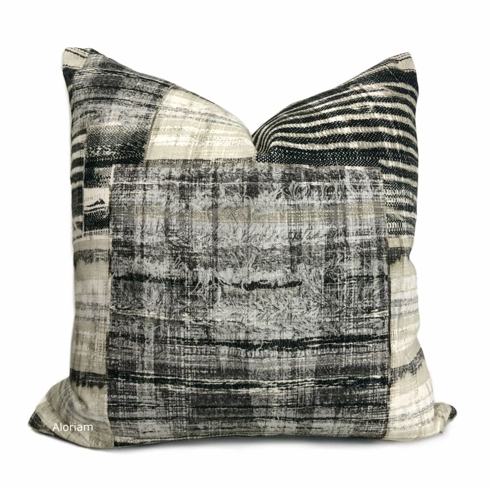 Ethnic Patchwork Cotton Pillow Cover - Black Gray Cream Print, Boho Home Decor for Living Room, Bedroom & Sofa