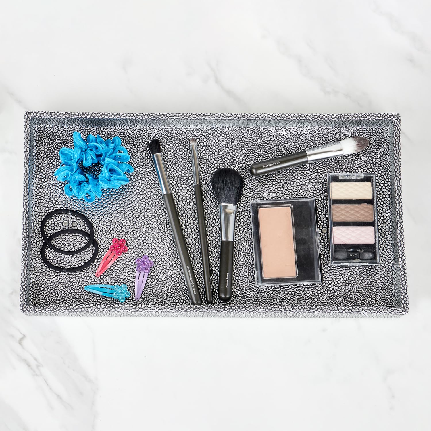 Home Basics Plastic Vanity Tray - Jewelry & Makeup Organizer for Perfume, Cosmetics, Bathroom or Dresser (Silver Texture) - Perfect for Bedroom Decor & Bathroom Storage