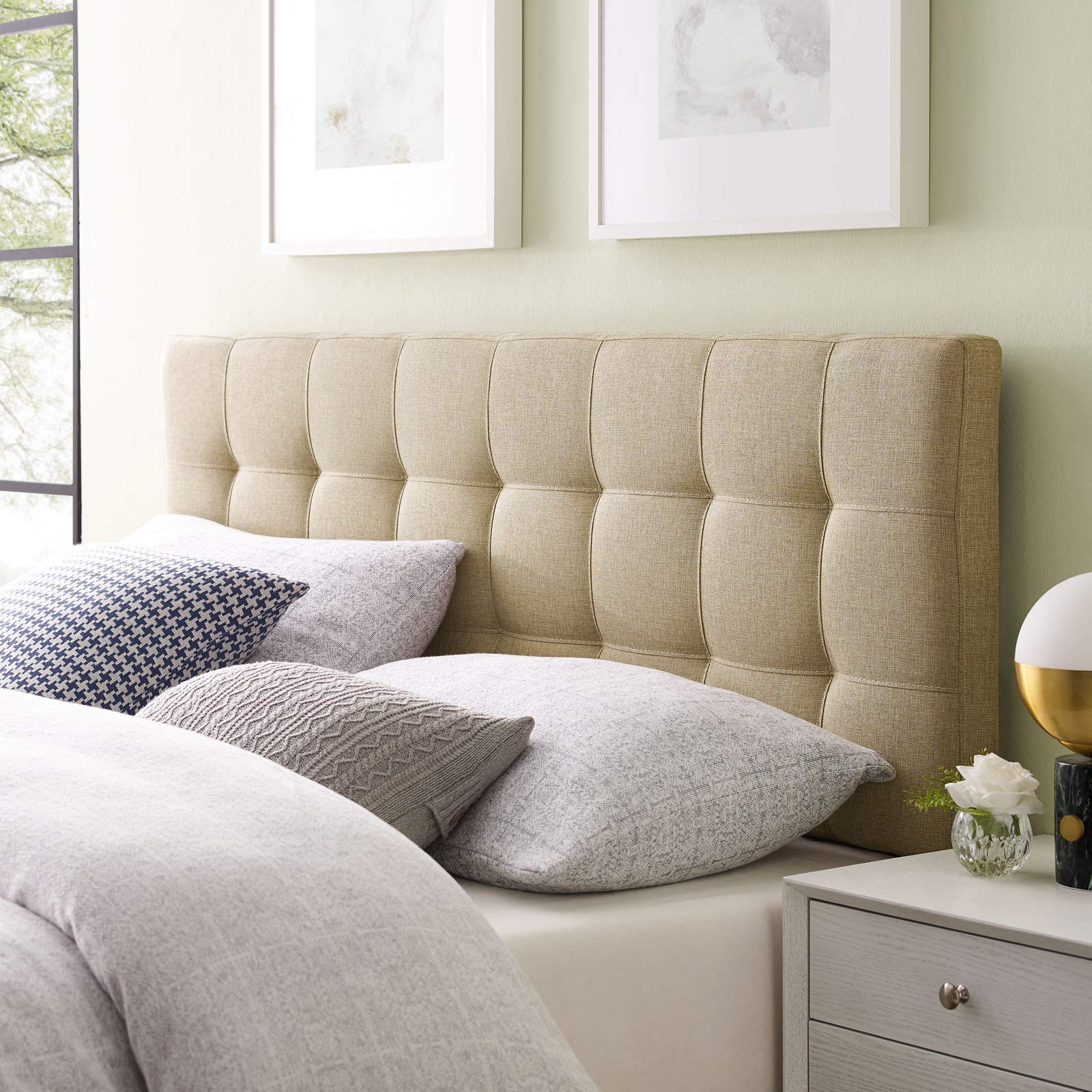 Modway Lily Tufted Linen Fabric Upholstered King Size Headboard in Beige - Luxurious Bedroom Decor for Modern Master Suites & Guest Rooms