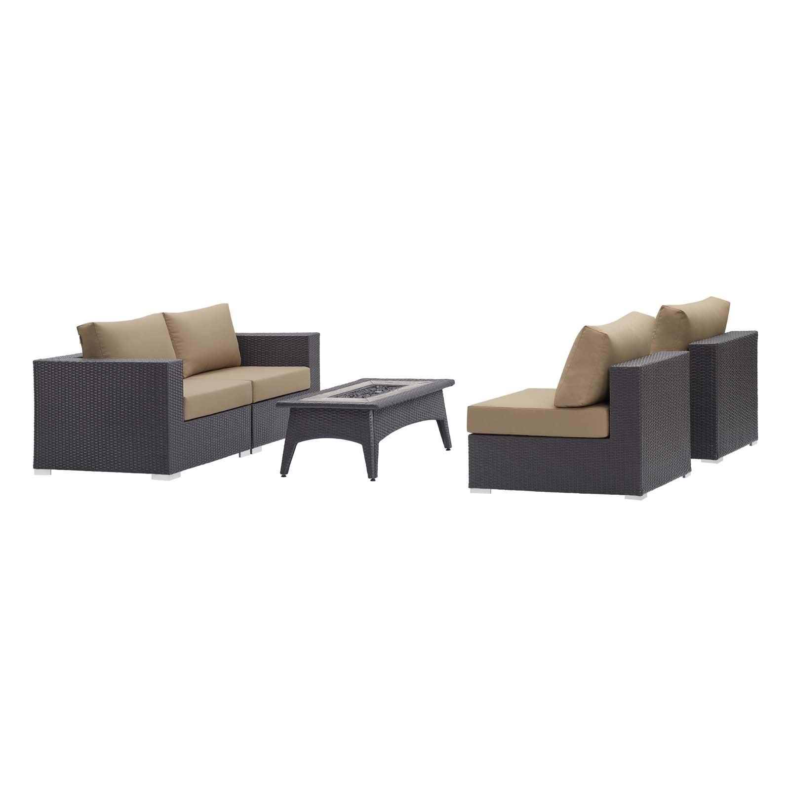 Modern Outdoor Patio Furniture Set - Wicker Rattan Sofa, Chair & Coffee Table with Fire Pit - Light Brown - Perfect for Backyard, Garden, Poolside & Patio Relaxation