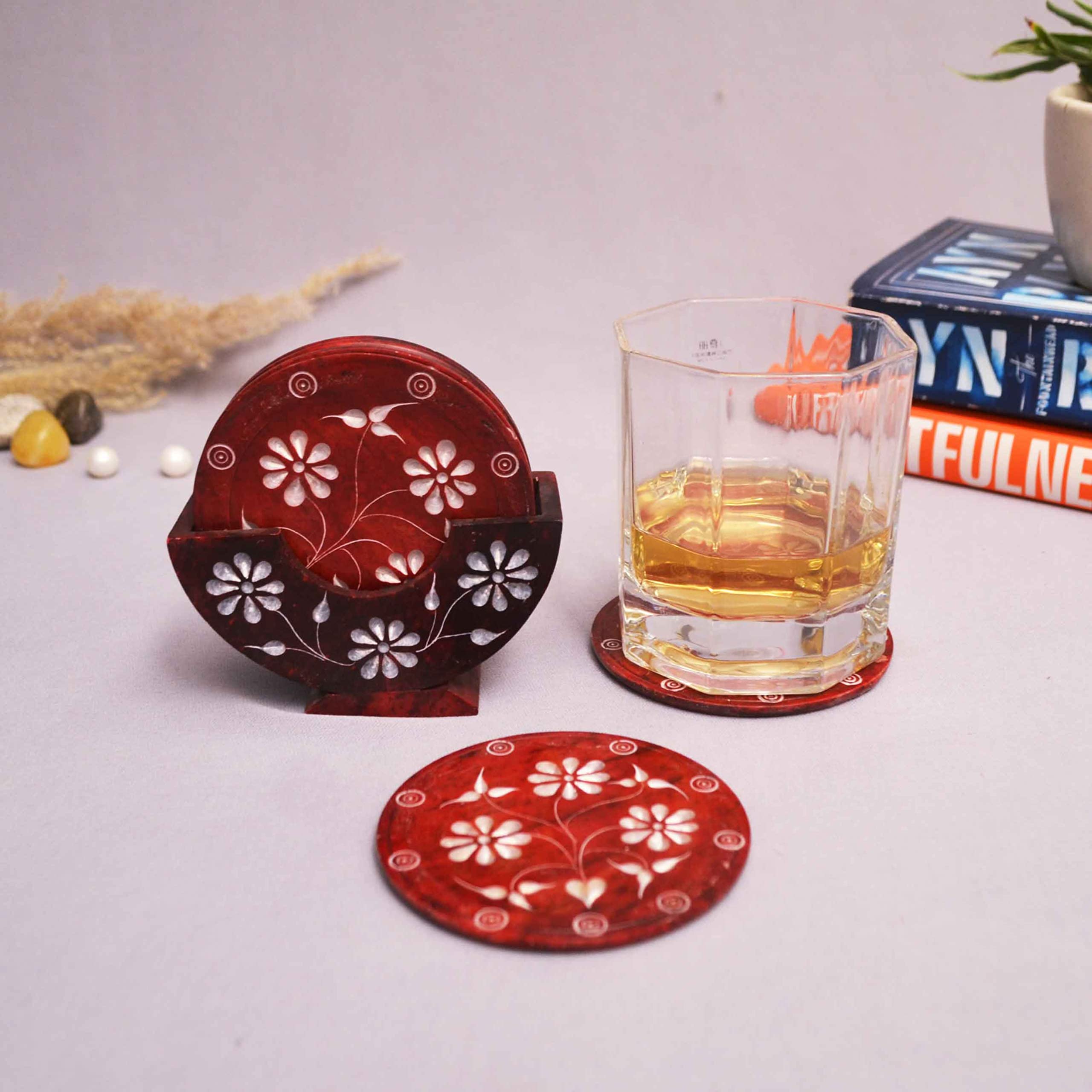 Premium Marble Coasters Set of 6 with Stand - Handcrafted by Indian Artisans | Elegant Tableware for Coffee, Tea & Wine Glasses | Perfect for Home Décor, Office & Gift Giving