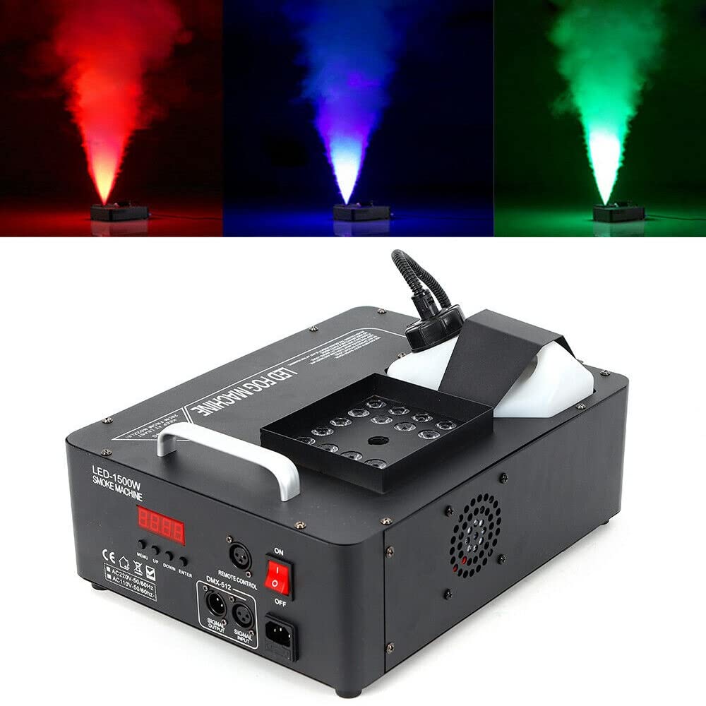 1500W Professional Fog Machine with RGB LED Lights & Remote Control - Vertical Spray DJ Stage Fogger for Halloween Parties, Concerts, Theater & Special Effects