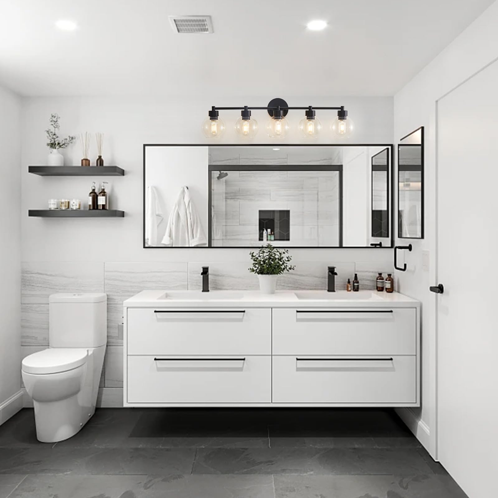Matte Black 5-Light Bathroom Vanity Light with Globe Glass Shade & Metal Base - Modern Lighting Fixture for Bathroom Mirror, Stairs, Kitchen, Hallway, and Entryway