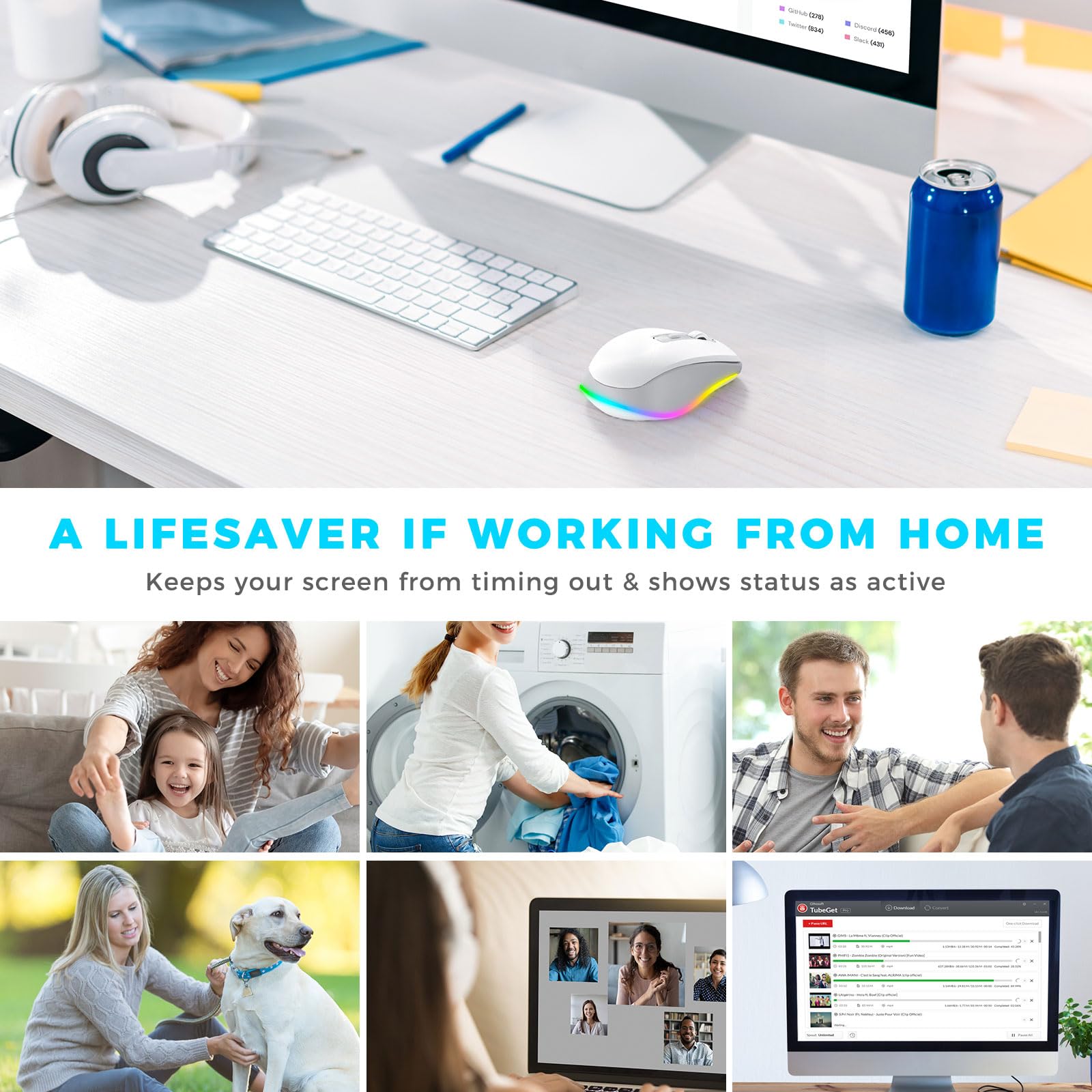 PEIOUS Wireless Mouse Jiggler - Undetectable Random Movement USB Mouse with Built-in Mover, Rechargeable Silent Mouse for Laptop/PC to Prevent Sleep Mode - White & Grey - Perfect for Remote Work, Online Meetings & Computer Maintenance