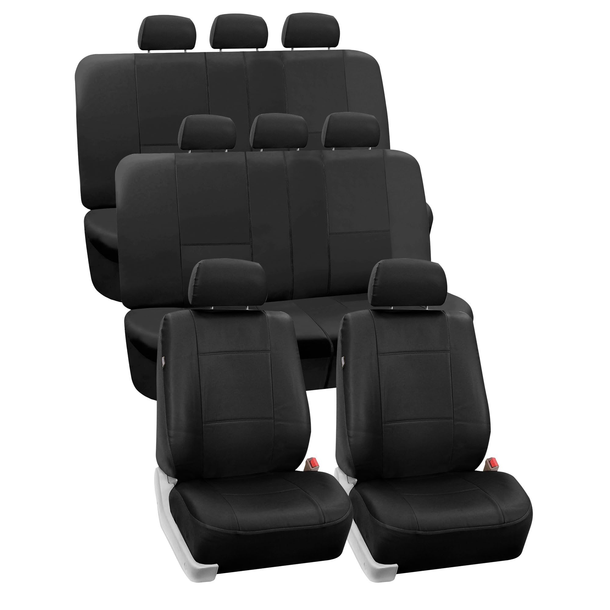 Premium FH GRO PU Leather Car Seat Covers - 3 Row 8 Seater Universal Fit for Most Cars, Trucks, SUVs & Vans | Airbag Compatible Split Bench Design | Waterproof & Easy to Clean | Perfect for Family Road Trips, Daily Commute and Outdoor Adventures (Solid Black)