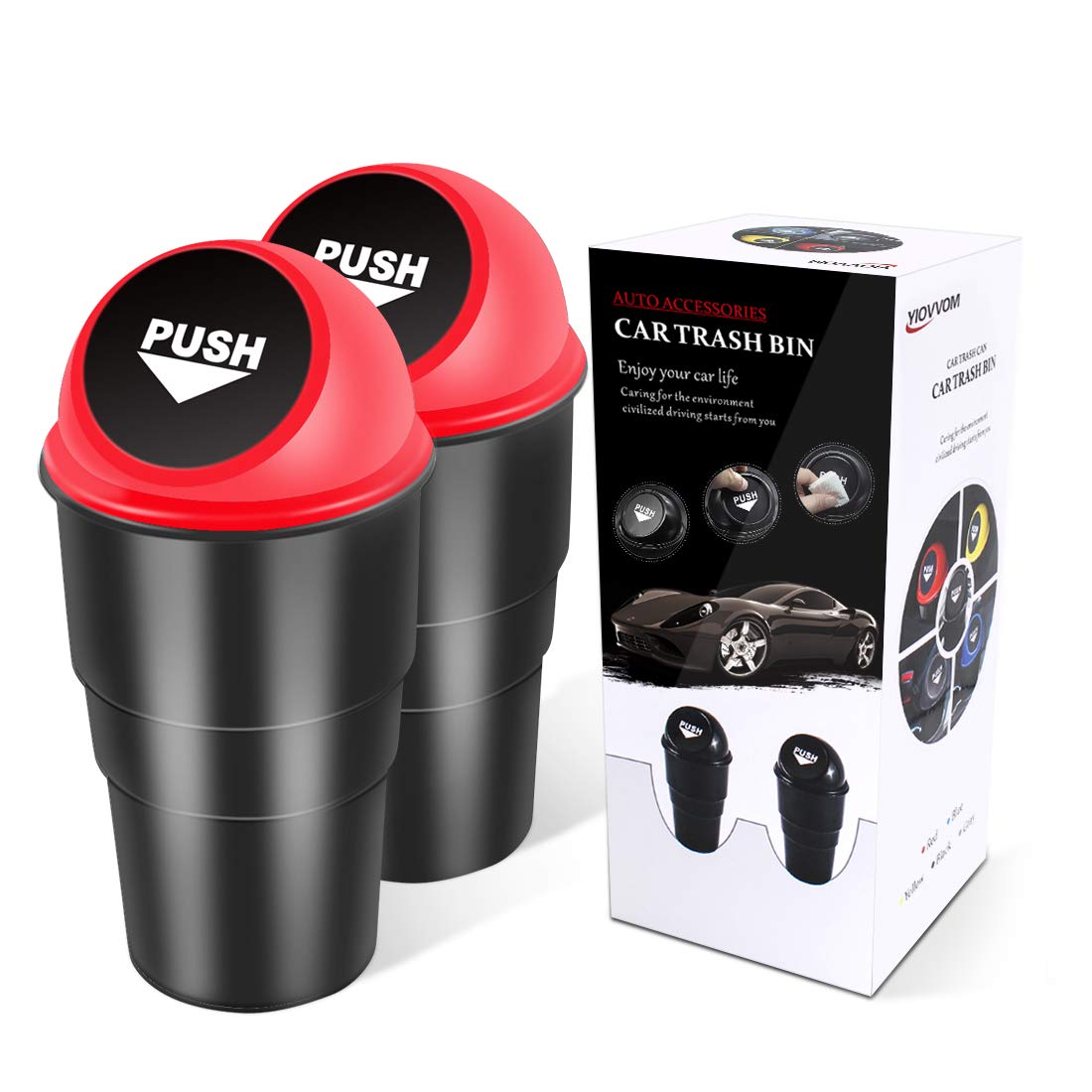 Leakproof Car Garbage Can with Lid - 2 Pack Small Trash Bin for Vehicle Cup Holder, Office, Home, Kitchen & Bedroom | Double Red Automotive Trash Can for Cars, Trucks & Road Trips