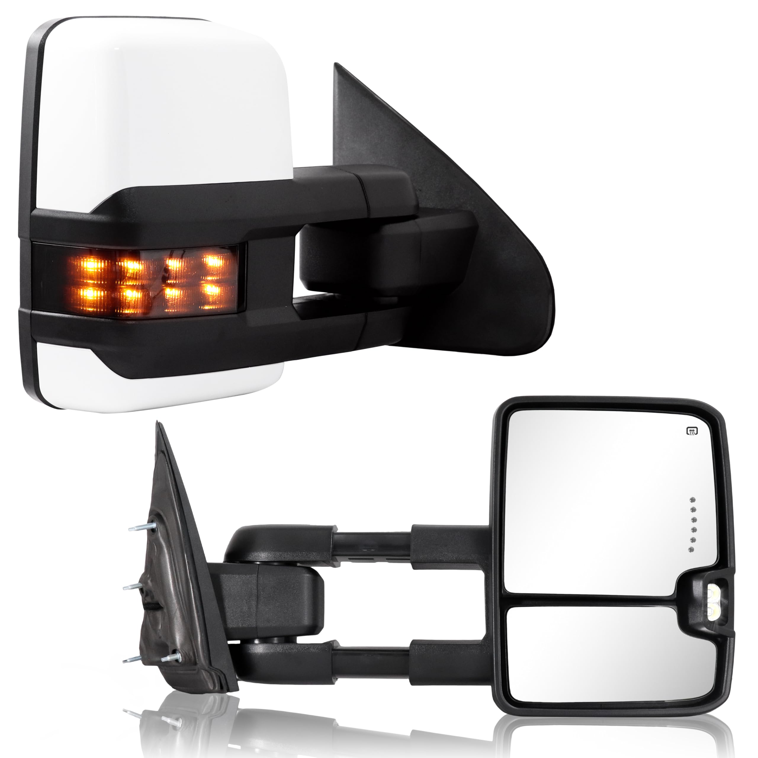 Heated Power-Adjustable Towing Mirrors for 2014-2018 Chevy Silverado & GMC Sierra 1500/2500/3500 HD - Painted White with Turn Signal Lights (Model 8624) - Perfect for Towing, Camping & Off-Road Adventures