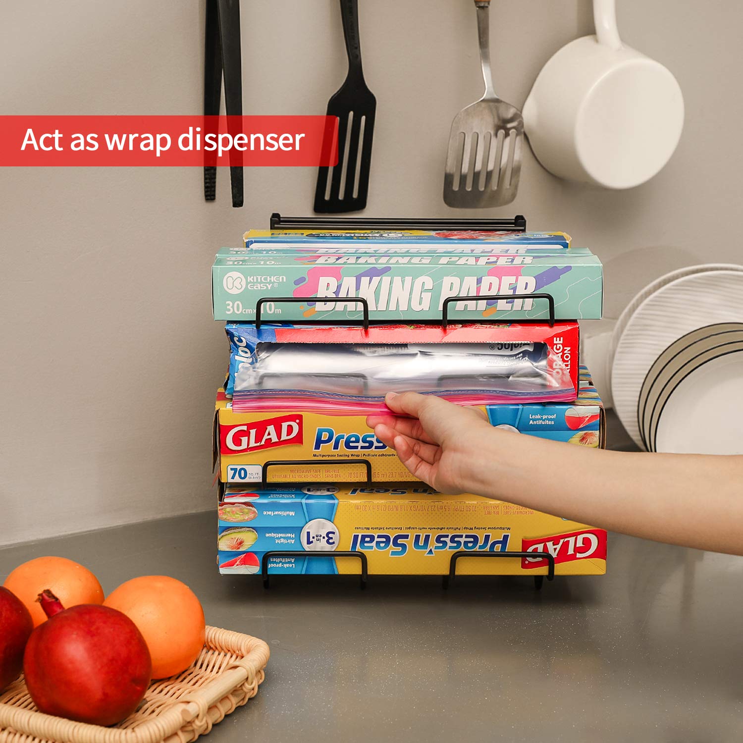 Upgraded X-cosrack Adjustable Wrap Organizer Rack - 8 Wire Holders, Multifunctional Kitchen Storage for Plastic Wrap, Foil & Parchment Paper - Space Saving Cabinet & Pantry Organizer - Black Small (Patent Pending) - Perfect for Kitchen Countertops, Drawers & Closet Organization