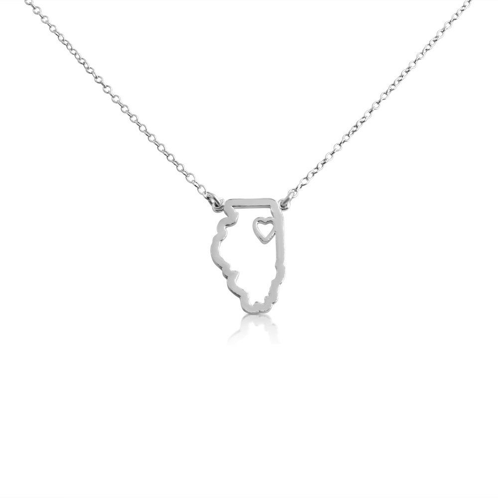 Belcho USA 925 Sterling Silver Illinois State Necklace - 'Home is Where The Heart is' Charm Pendant - Perfect for Gifts, Travel Souvenirs & Home State Pride Jewelry