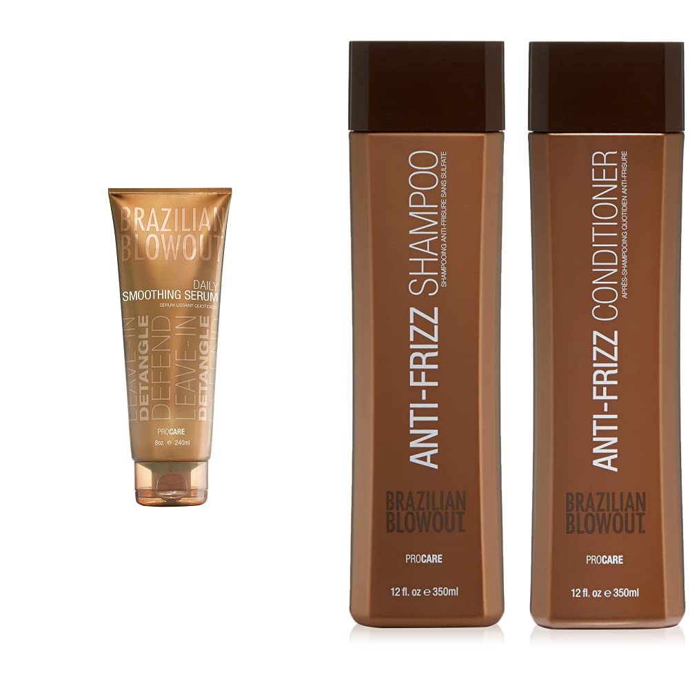 Brazilian Blowout Daily Smoothing Serum 8 fl oz & Anti-Frizz Shampoo and Conditioner Set - Keratin Treatment for Frizzy Hair - Salon Quality Smoothing & Hydration Kit for Daily Use at Home or Salon