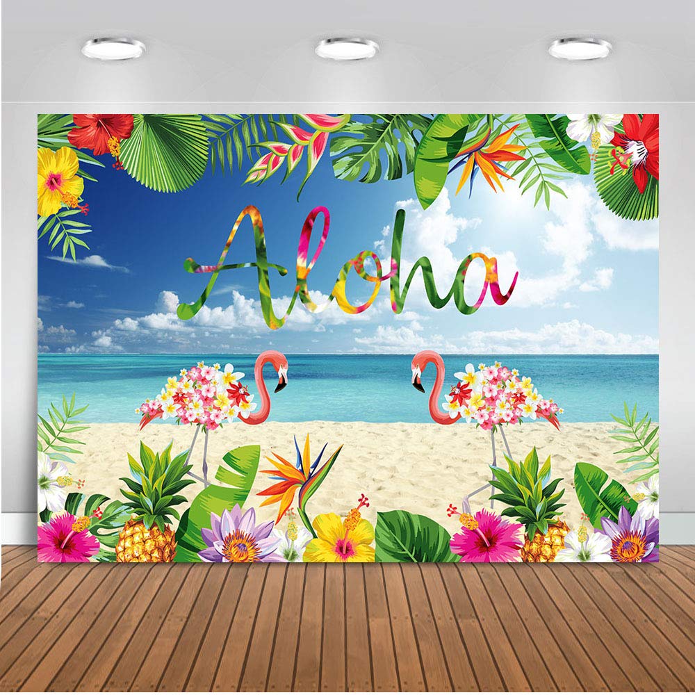 7x5ft Hawaiian Beach Flamingo Tropical Party Backdrop - Vinyl Photo Booth Background for Summer Birthday, Luau, Aloha Decorations & Let's Flamingle Events - Perfect for Beach Themed Parties, Baby Showers & Tropical Photography