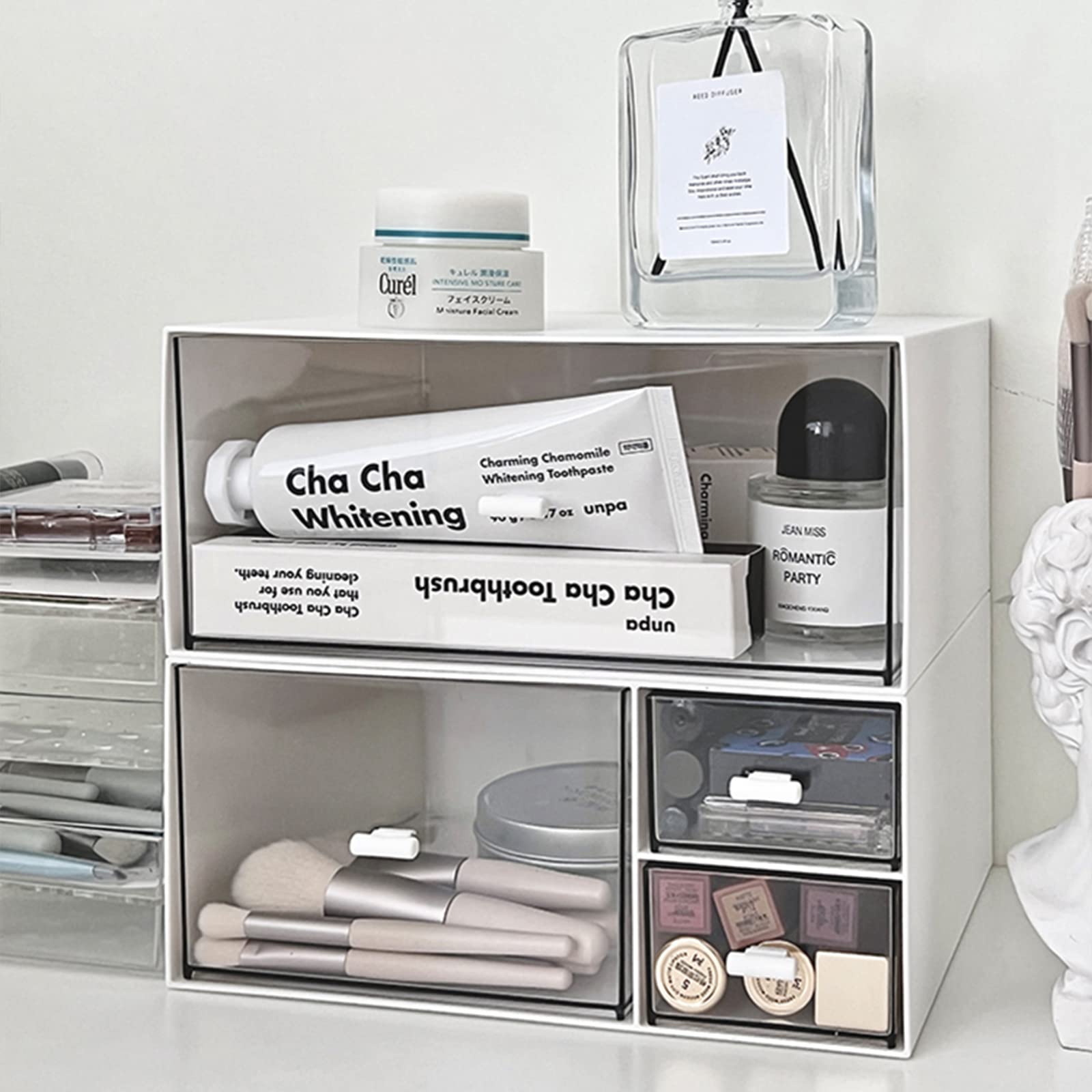 Stackable 3-Compartment Desk Organizer Drawers - White | Perfect for Office, Makeup & Bathroom Storage | Space-Saving Organization Solution for Home & Work