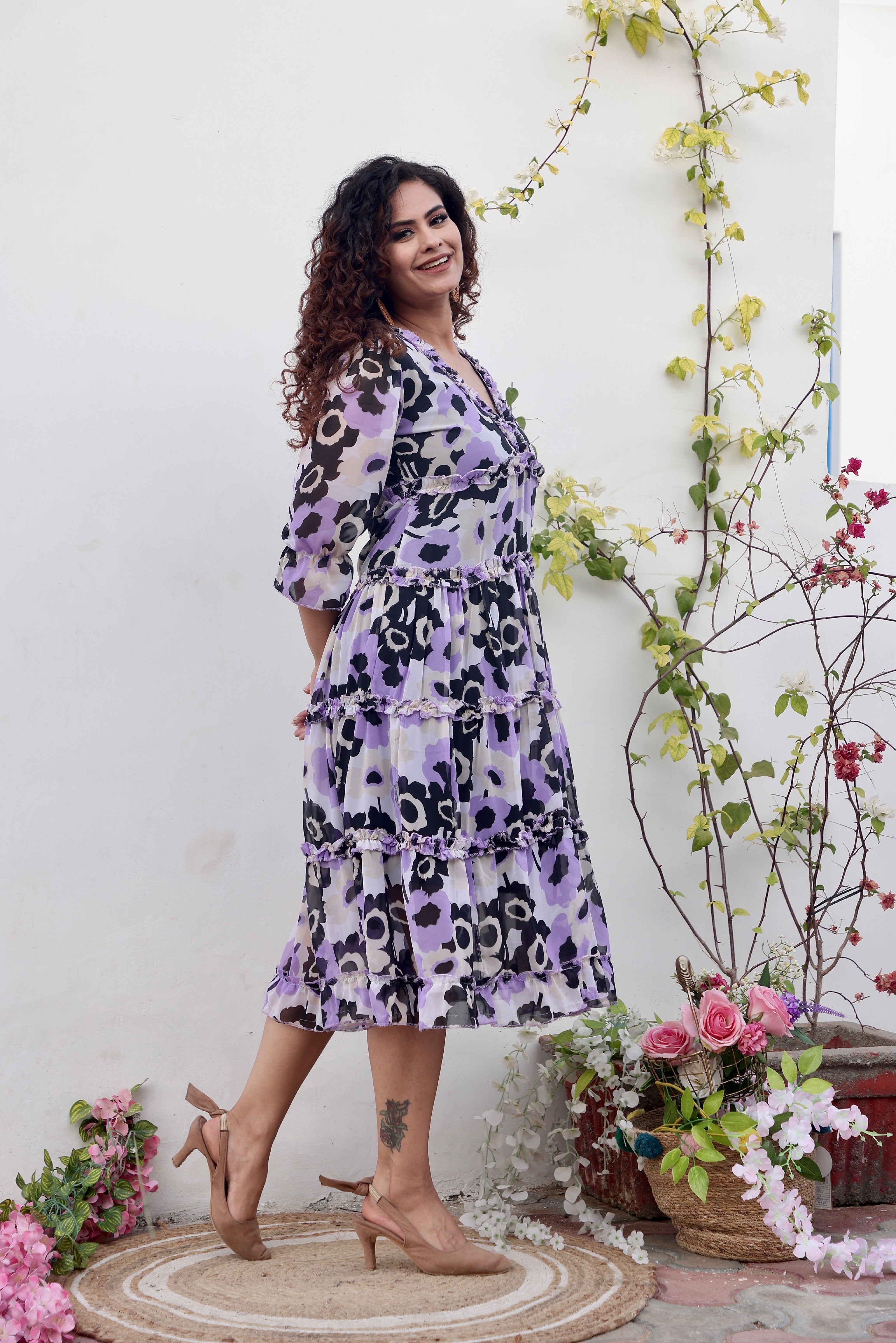 Lavender Floral Print Maxi Dress for Women - Summer Boho Beach Dress with Long Sleeves - Perfect for Vacation, Wedding Guest & Outdoor Parties