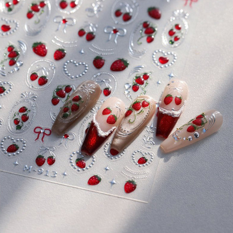 5D Cherry Bowknot Strawberry Nail Stickers - M Size 906/913 - DIY Nail Art Decals for Parties, Weddings & Special Occasions
