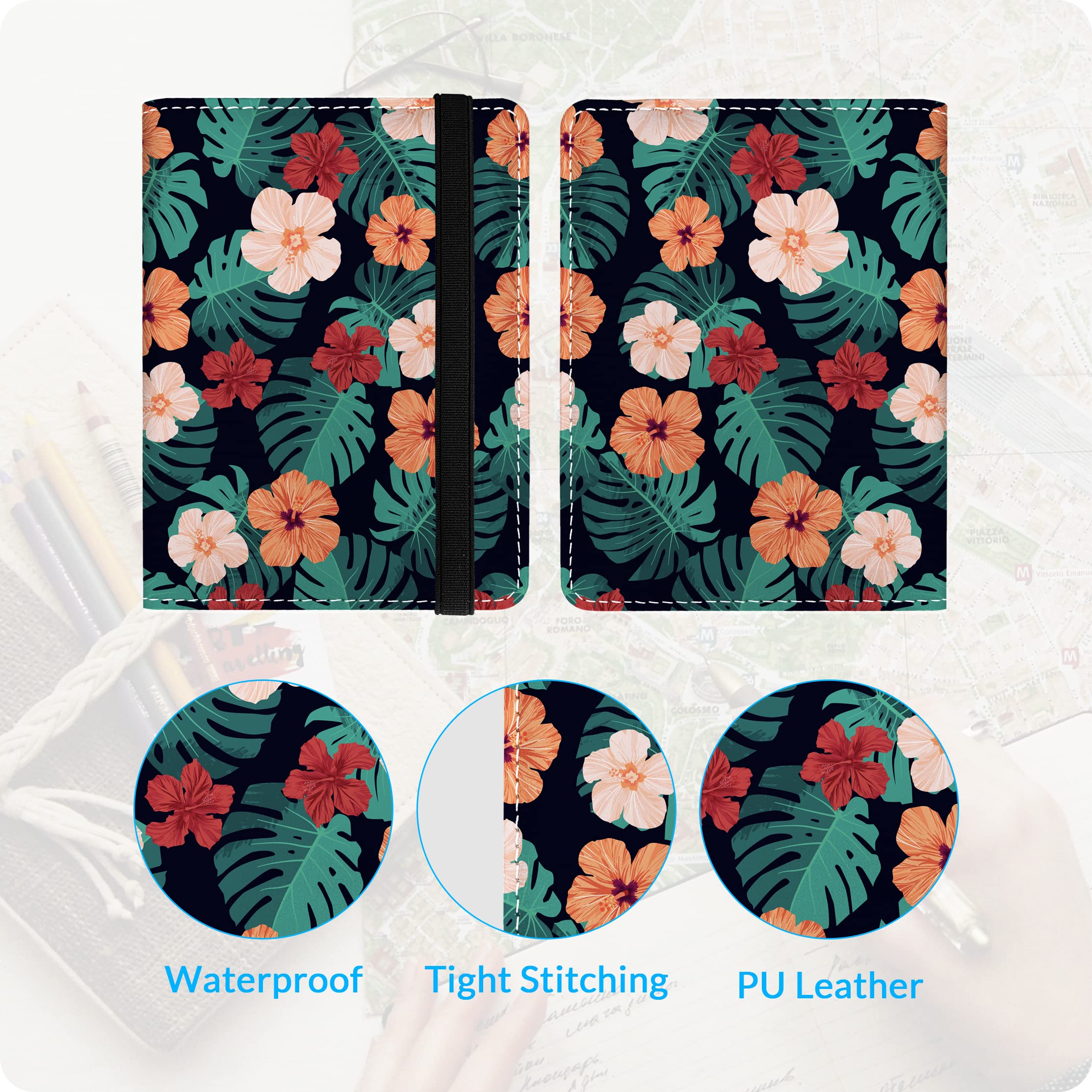 Premium Leather Passport Cover with Vaccine Card Holder - Floral Design Family Travel Wallet for Men & Women - Waterproof RFID Blocking Passport Case for International Trips & Air Travel