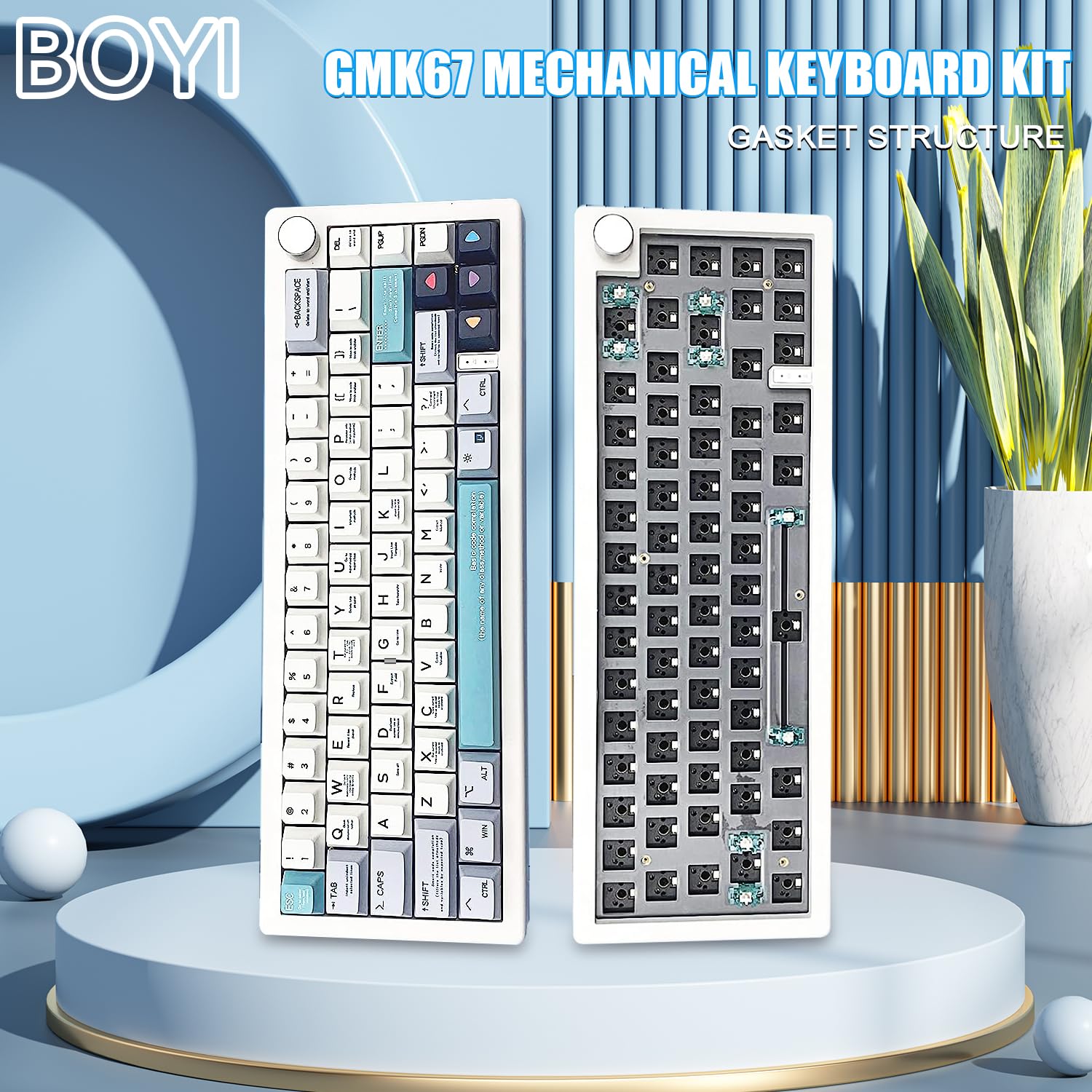 BOYI GMK67 65% Hot-Swappable Mechanical Keyboard Kit - Bluetooth 5.0/2.4G/Type-C Tri-Mode Wireless, RGB Backlit, Customizable PCB Mounting Plate with EVA Sound Insulation Mat (White with Knob) - Perfect for Gaming, Typing & Office Work