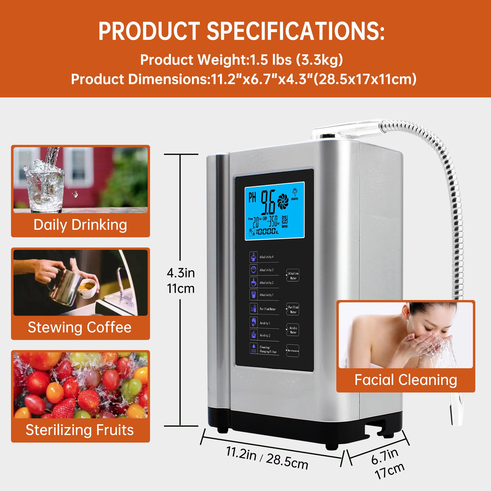 Premium AlkaDrops Water Ionizer & Purifier Machine - pH 3.5-10.5 Adjustable, -500mV ORP, 6000L Filter Capacity, 7 Settings, Auto-Clean Function, Smart Voice Control (Silver) - Perfect for Home, Office & Health-Conscious Lifestyles