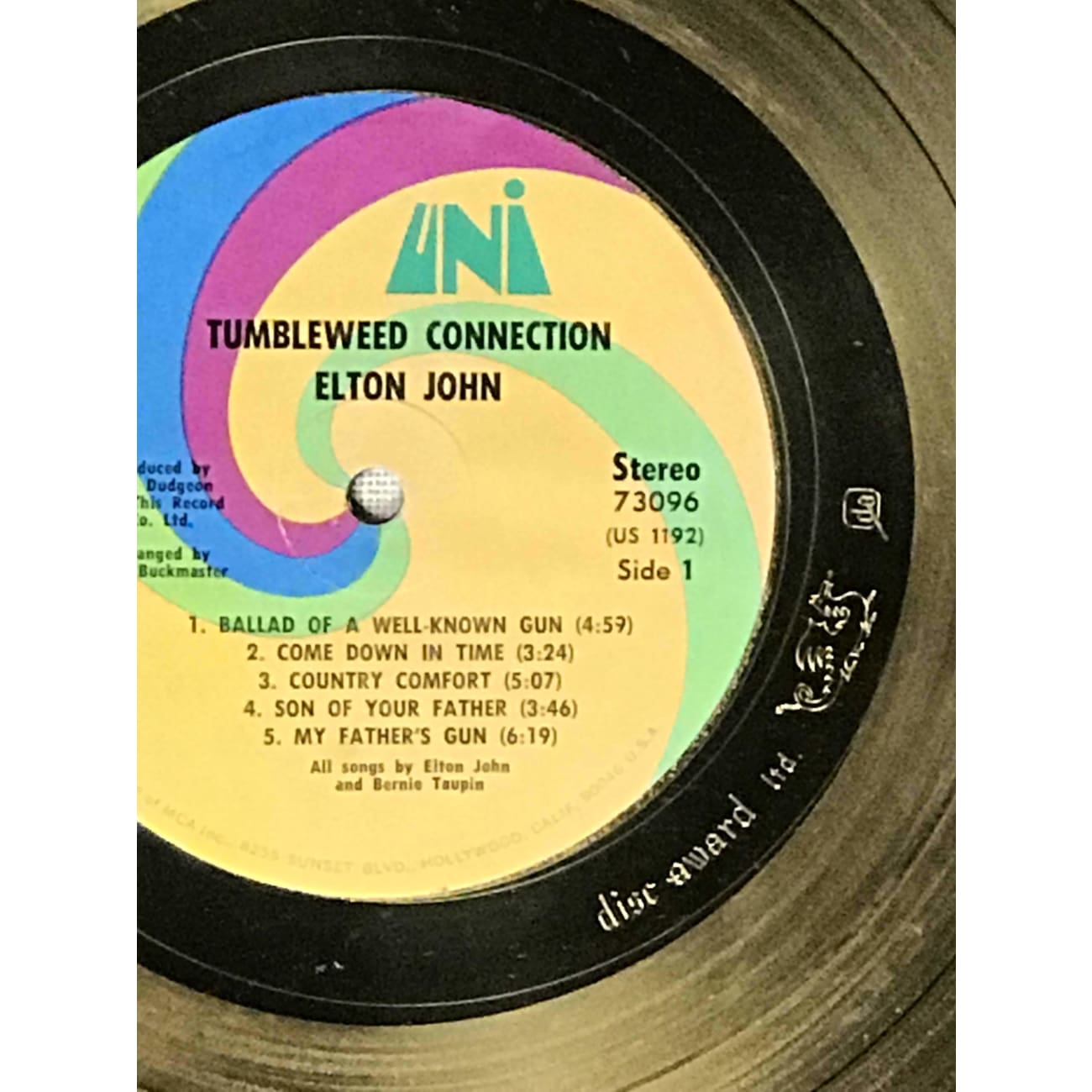 Elton John Tumbleweed Connection White Matte RIAA Gold LP Award - Rare Vinyl Record Collector's Item for Music Enthusiasts & Home Decor