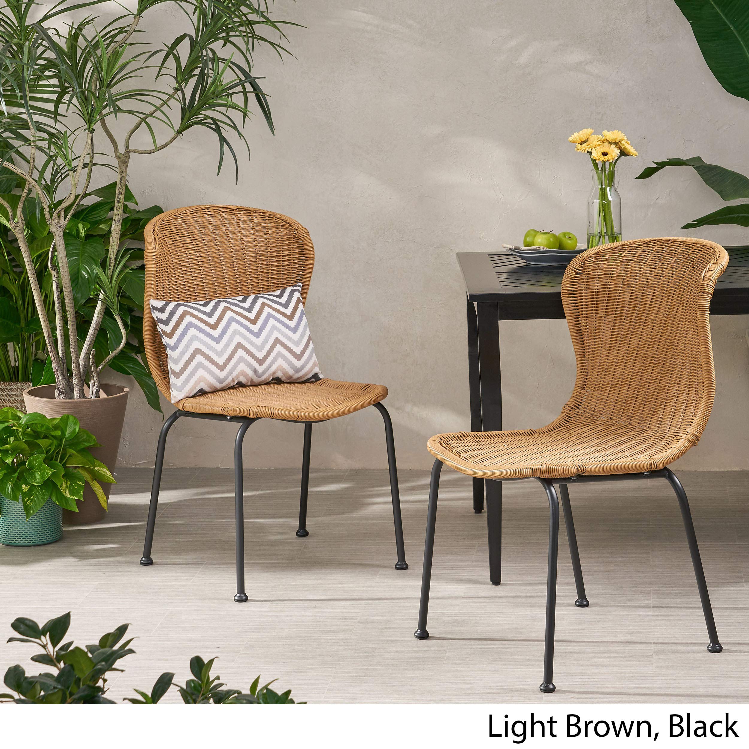 Christopher Knight Home Dinah Outdoor Wicker Dining Chairs (Set of 2) - Light Brown & Black - Weather-Resistant Patio Furniture for Garden, Poolside, and Backyard Dining