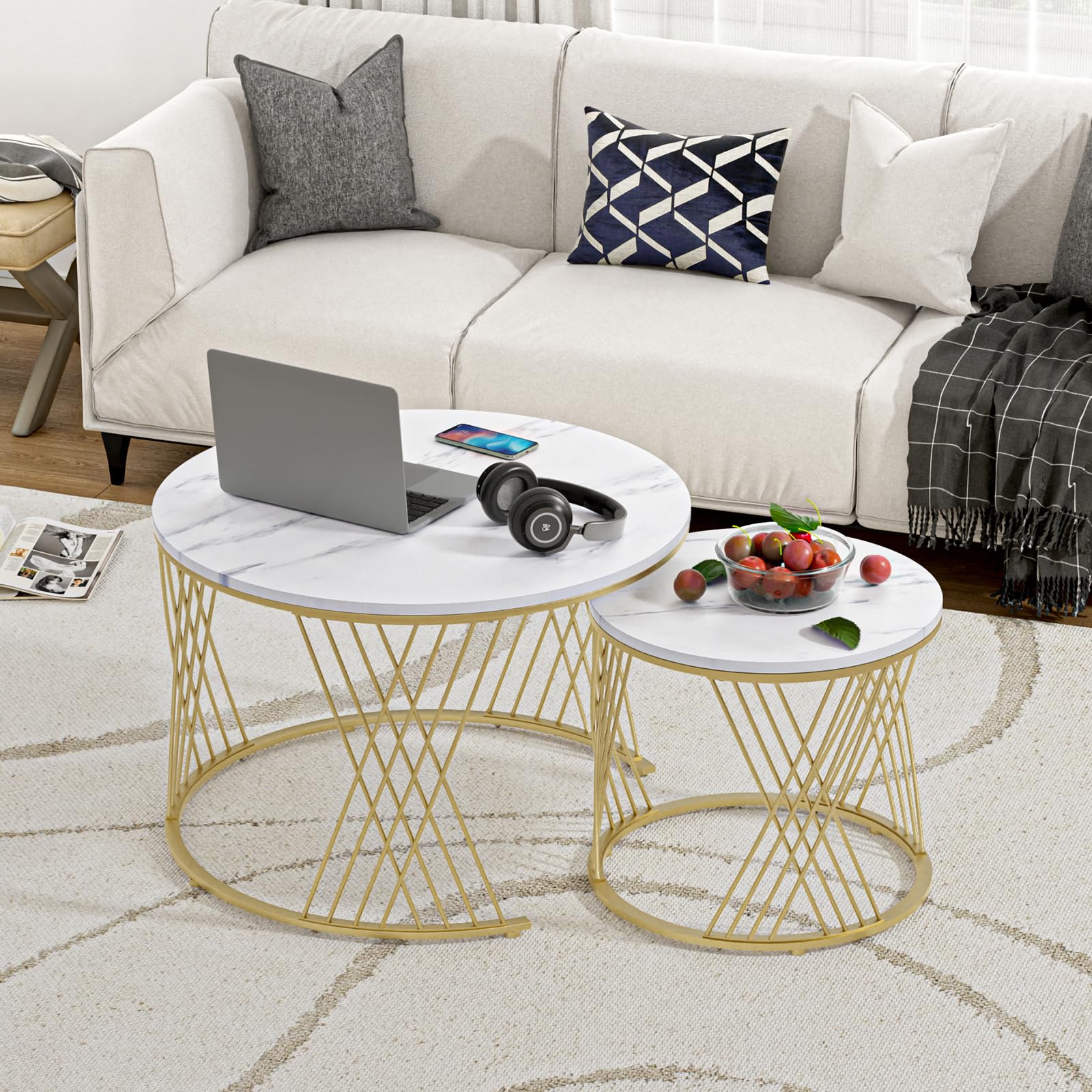 Giluta Round Coffee Table Set of 2 - Modern Faux Marble Nesting Tables for Living Room, Bedroom & Office - Stylish Center Table & Nightstand for Small Spaces