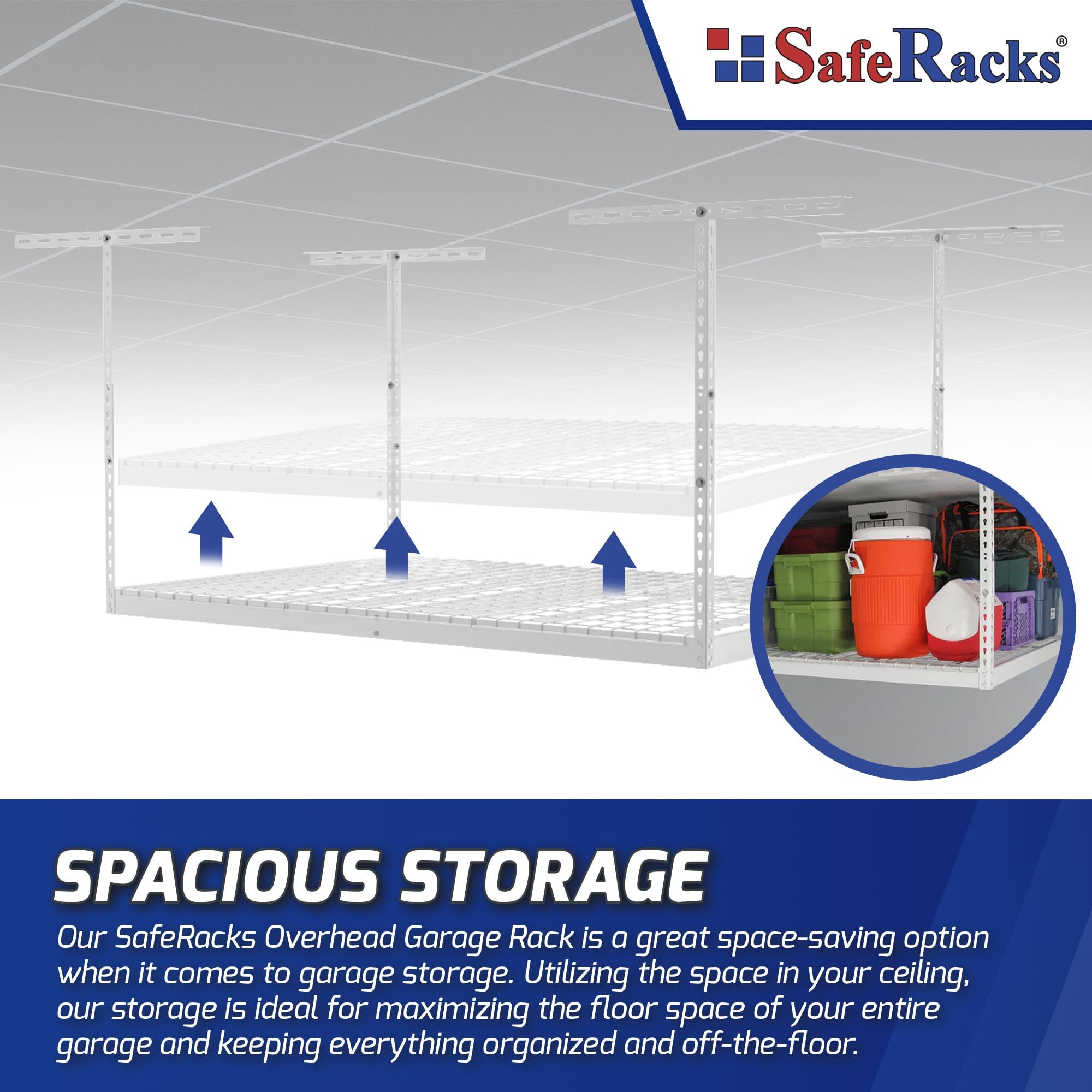 Heavy Duty Overhead Garage Storage Rack - 400 lb Capacity Adjustable Ceiling Mount Shelves 3x6 White (24