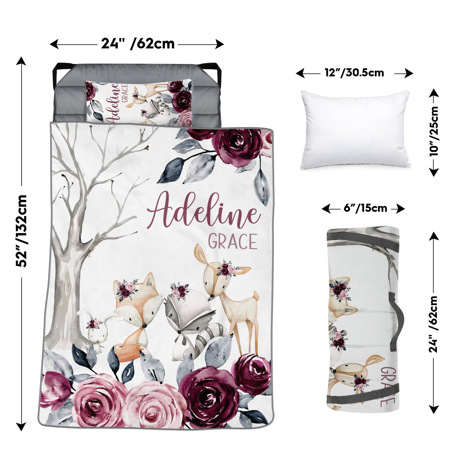Personalized Kids Nap Mat with Flannel Blanket & Removable Pillow - Custom Toddler Sleeping Bag for Daycare & Preschool - Animal Print Roll-Up Mat for Boys & Girls - Perfect for Naptime, Travel & Sleepovers