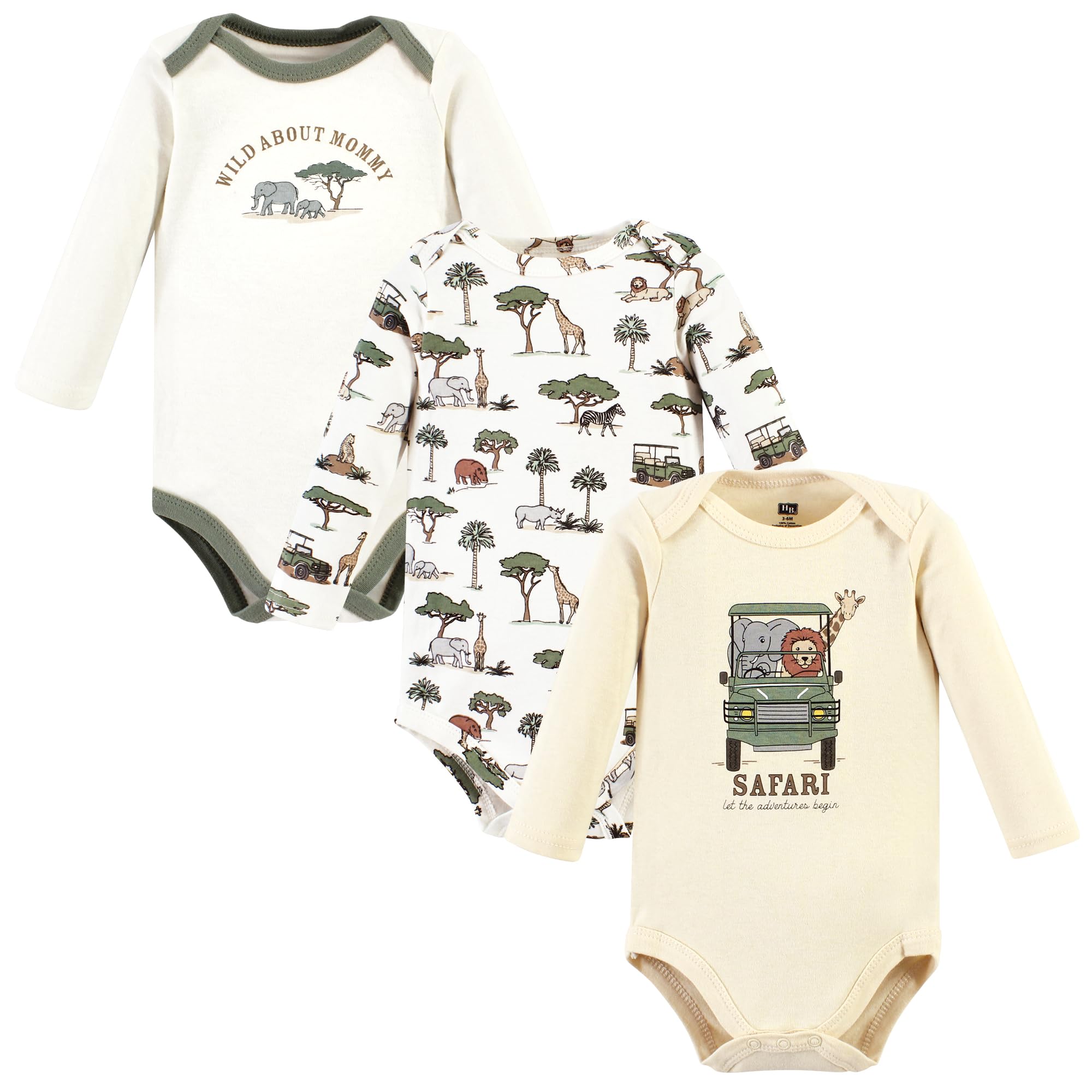 Hudson Baby Unisex Cotton Long-Sleeve Bodysuits - Safari Print 3-Pack (6-9 Months) | Soft & Comfortable Infant Onesies for Playtime, Daycare & Photo Shoots