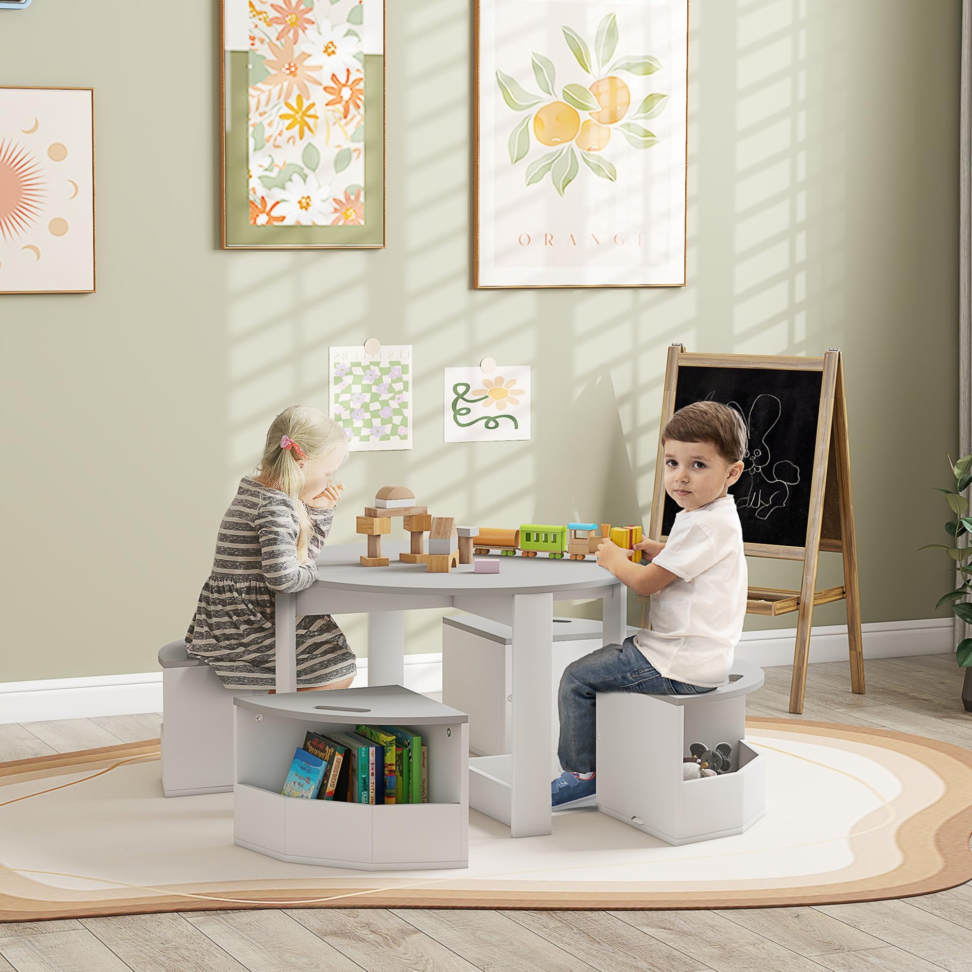 Qaba 5-Piece Kids Table and Chair Set with Storage - Toddler Activity Table for Art, Crafts, Reading - Perfect for Classroom, Playroom, Daycare & Home (Grey) - Encourage Creativity & Learning in Children