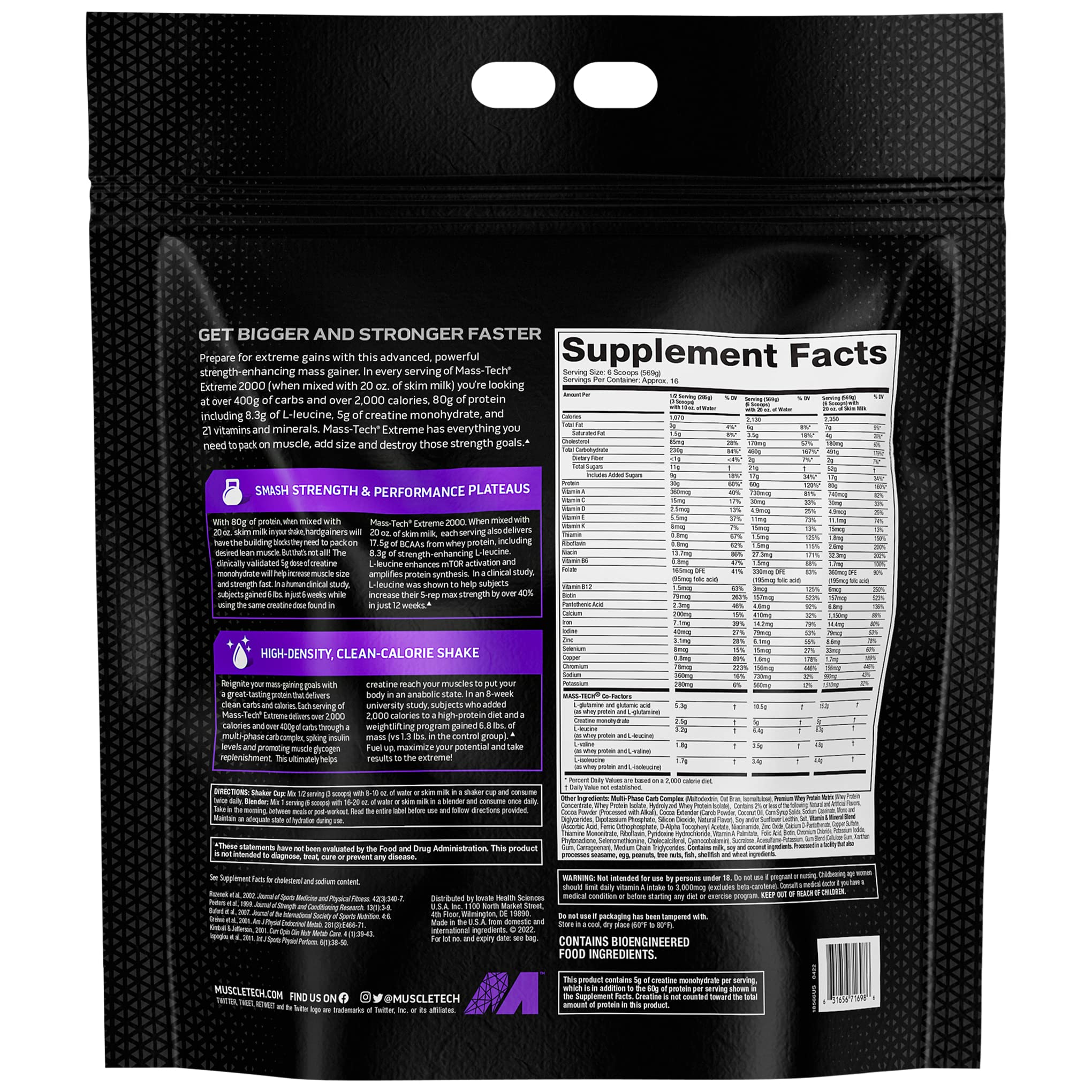 MuscleTech Mass-Tech Extreme 2000 Weight Gainer Protein Powder - 20lbs | High Protein Muscle Builder with Whey, Creatine & Carbs | Triple Chocolate Flavor for Men & Women | Perfect for Post-Workout Recovery & Bulking Season
