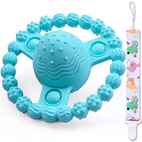 BPA-Free Soft Silicone Teething Toys for Babies 0-12 Months with Rattle Sound & Raised Texture - Soothe Sore Gums, Easy to Hold Infant Teether - Perfect for Home, Travel, and Daycare Use (Blue)