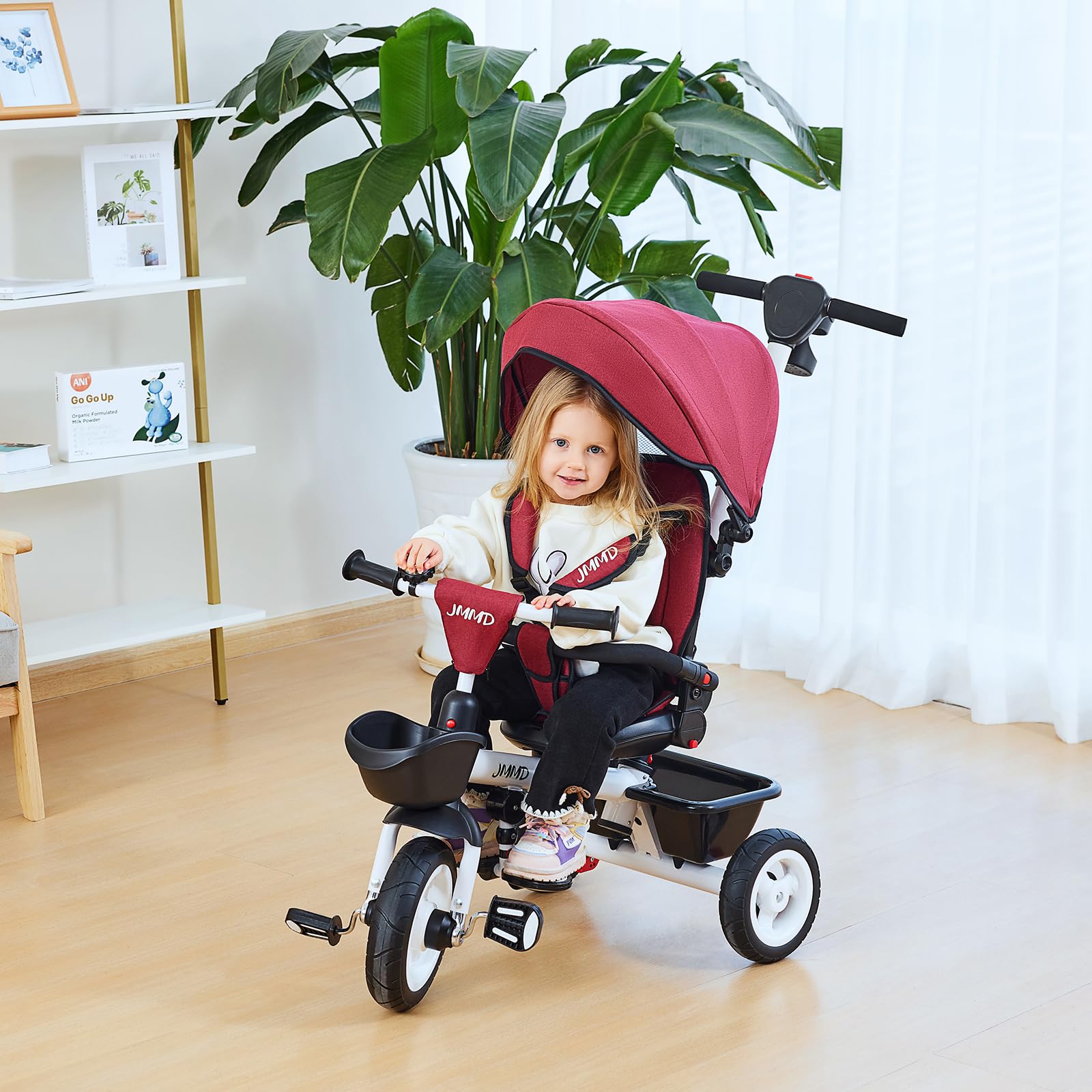 JMMD 6-in-1 Baby Tricycle Stroller with Adjustable Push Handle, Removable Canopy & Safety Harness - Convertible Toddler Trike for 6 Months to 5 Years Old (Red) | Perfect for Outdoor Walks, Park Rides & Learning to Pedal