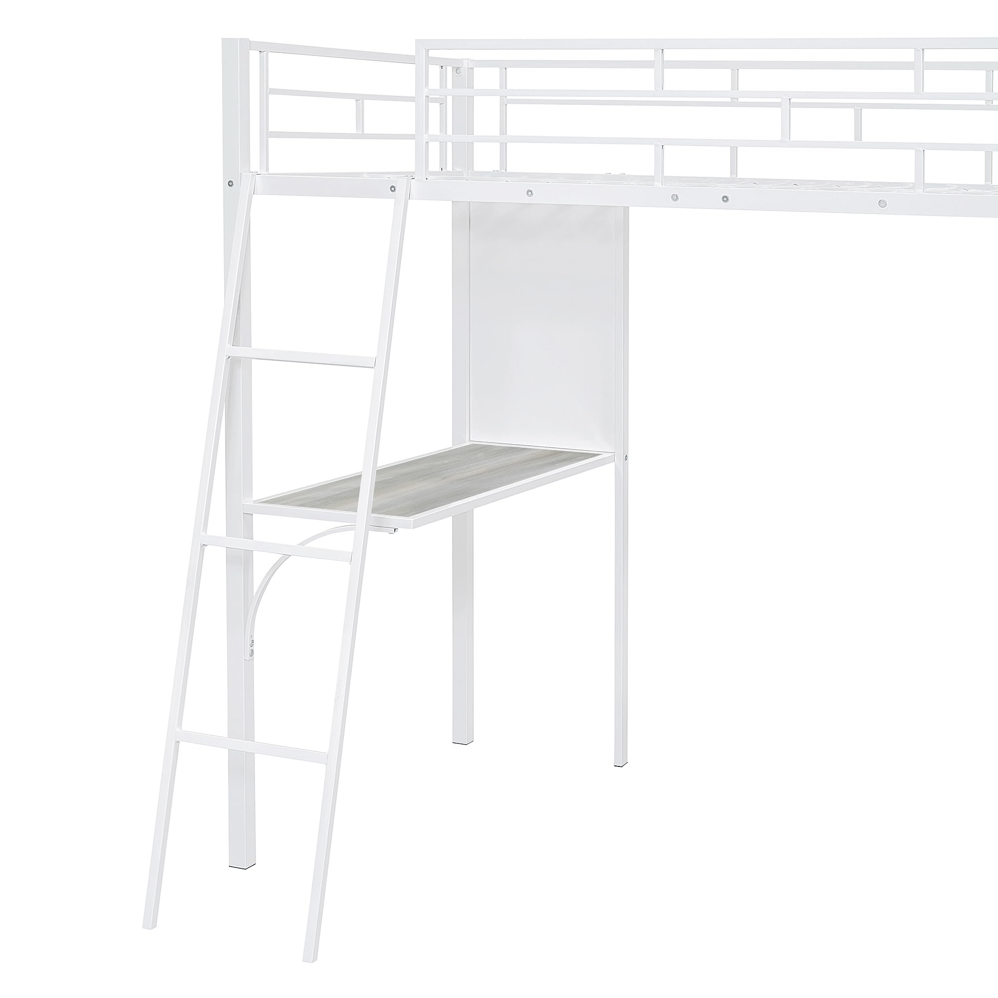 BOVZA Twin Size Loft Bed with Study Desk, Whiteboard & 3 Storage Shelves - Sturdy Metal Frame with Ladder & Safety Rails for Kids & Teens - Space-Saving Bedroom Solution for Small Rooms, Dorms & Apartments - White
