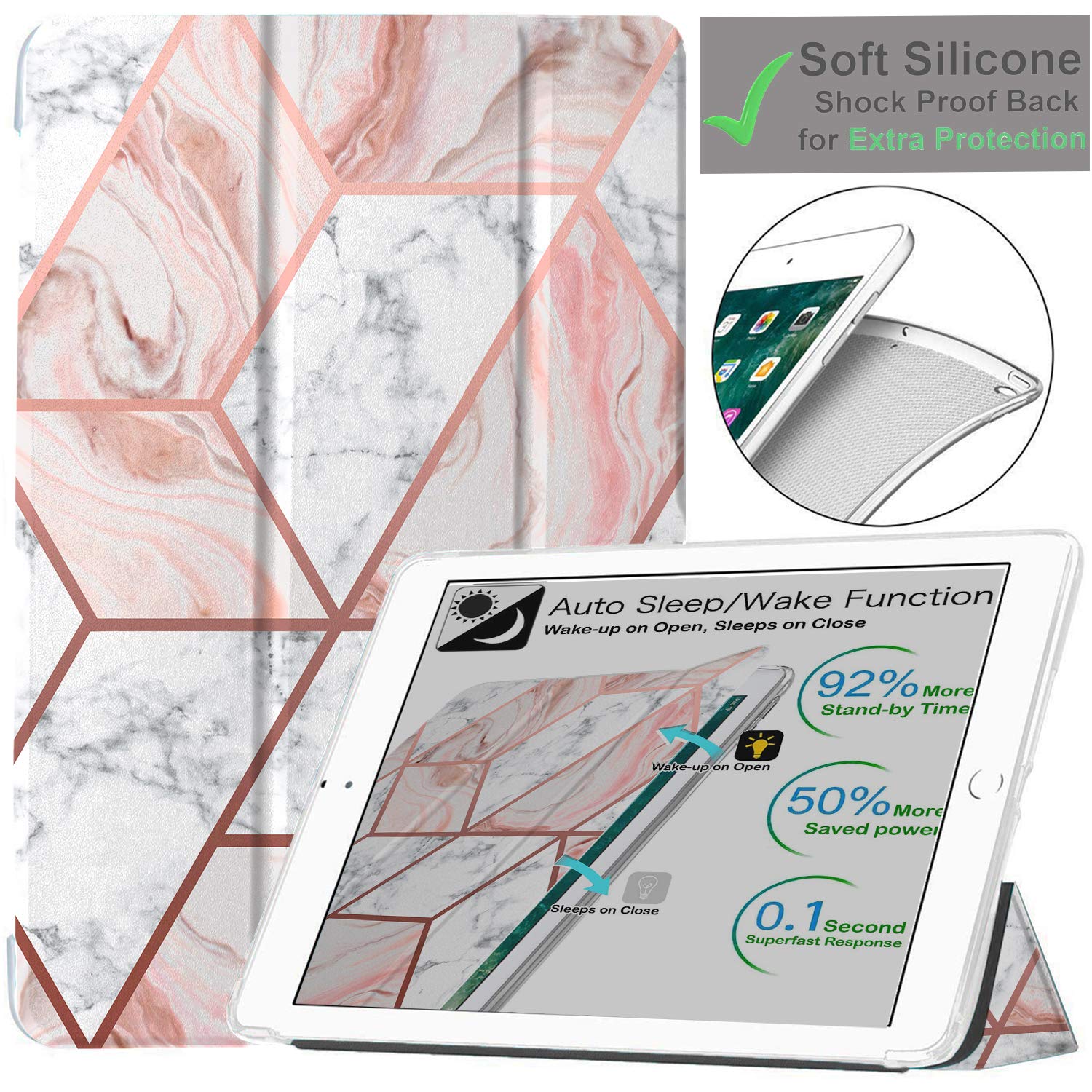 DuraSafe iPad 9.7 Inch Case for 5th/6th Generation (Model A1893 A1954 A1822 A1823) - Printed Smart Trifold Lightweight Soft Silicone Cover with Transparent Front & Back in Marble Pink | Perfect for Work, School & Travel Protection