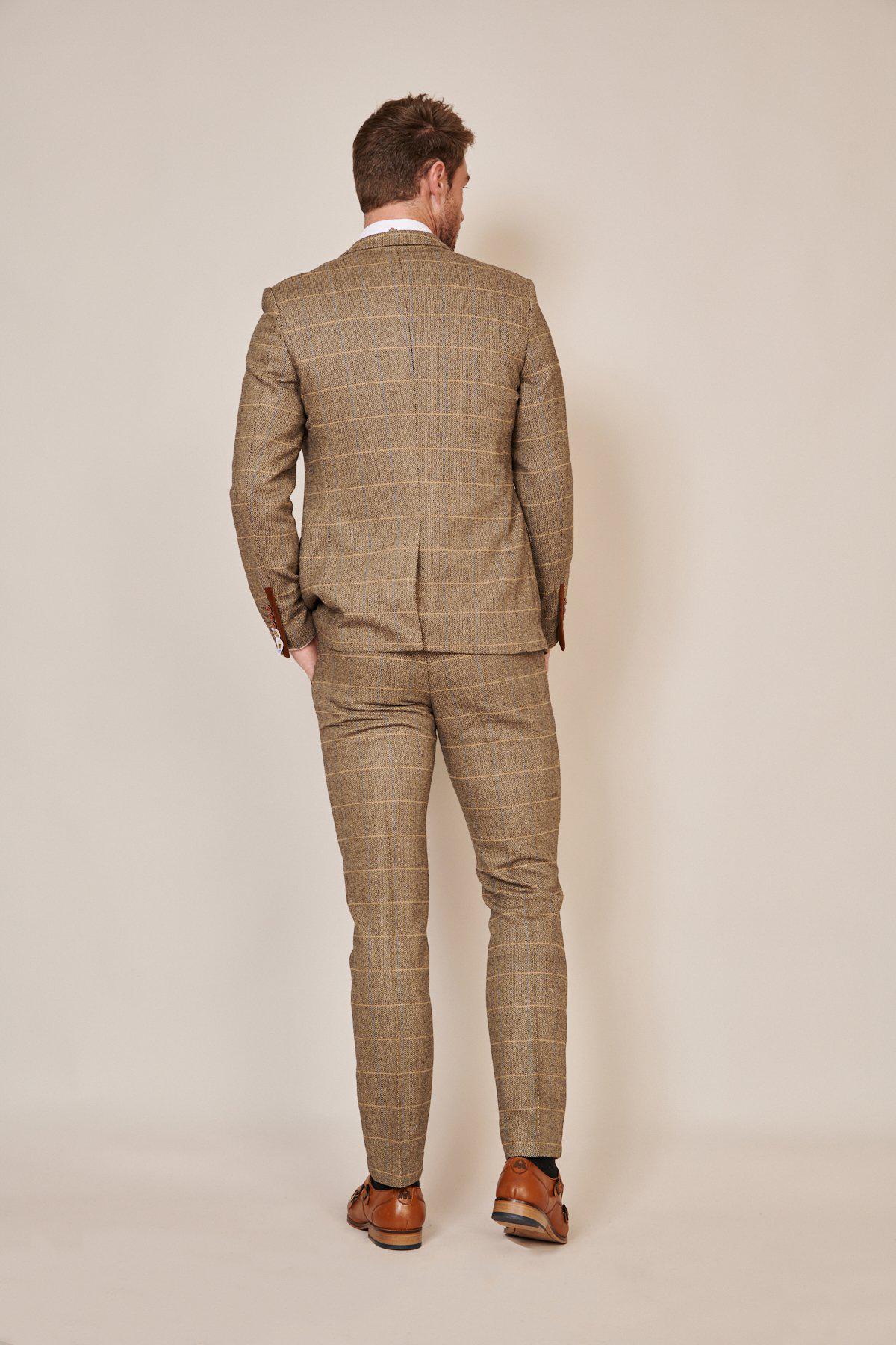 Lukasz Fabianski Style TED Tan Tweed Check Three Piece Suit | Premium Wool Blend Men's Formal Suit | Perfect for Weddings, Business Meetings & Special Occasions