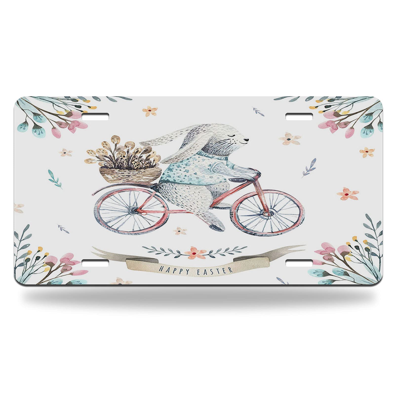 Vintage Indigo Rabbit Hand-Painted Easter Watercolor License Plate - 12x6 Inch Metal Car Vanity Tag with Cartoon Bunnies, Leaves & Feathers Decor - Perfect for Easter Decorations, Car Accessories, Gift for Men & Women