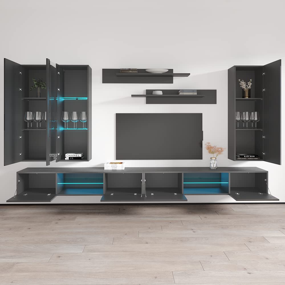 Modern Wall-Mounted TV Stand with Storage Shelves & LED Lights - Fly E 33 Entertainment Center Console for Living Room & Bedroom - Space-Saving Gray TV Cabinet (EF4) - Perfect for Small Apartments & Home Theater Setups