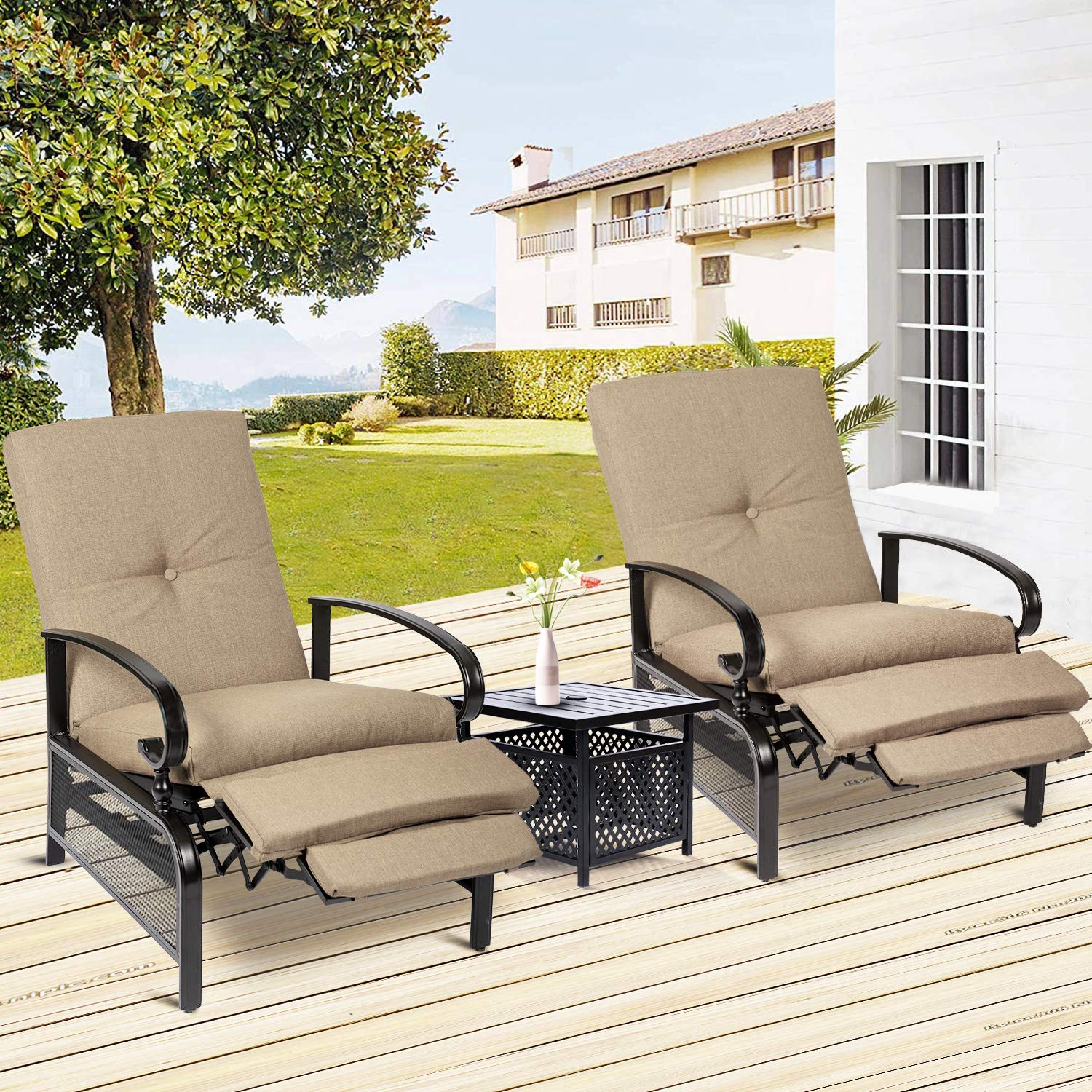 **Crownland 3-Piece Outdoor Lounge Chair Set with Adjustable Reclining Patio Chairs & Umbrella Bistro Table - Water-Resistant Cushions (Brown) - Perfect for Backyard, Poolside, and Garden Relaxation**